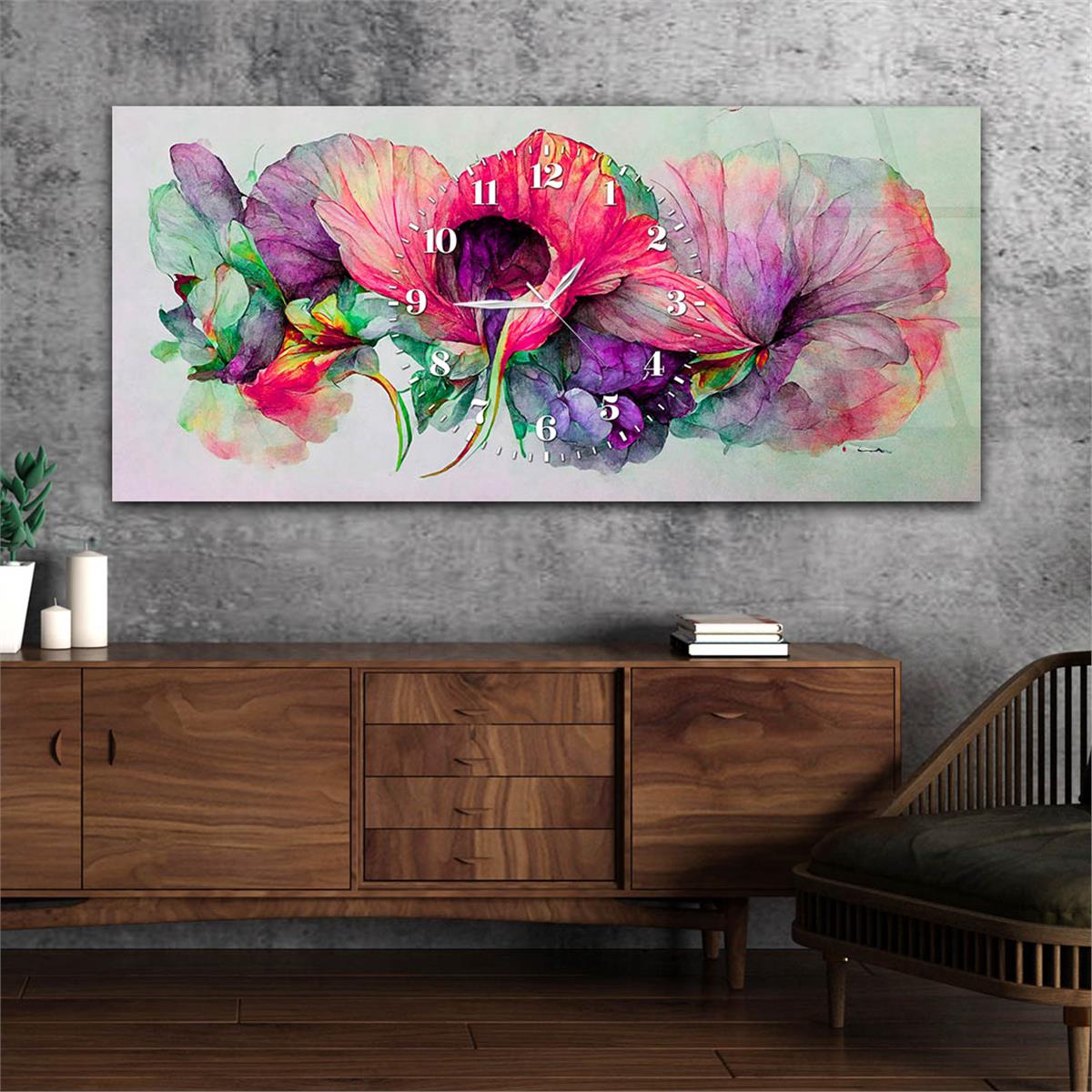 Çiçek Desenli Ortadan Saatli Cam Tablo