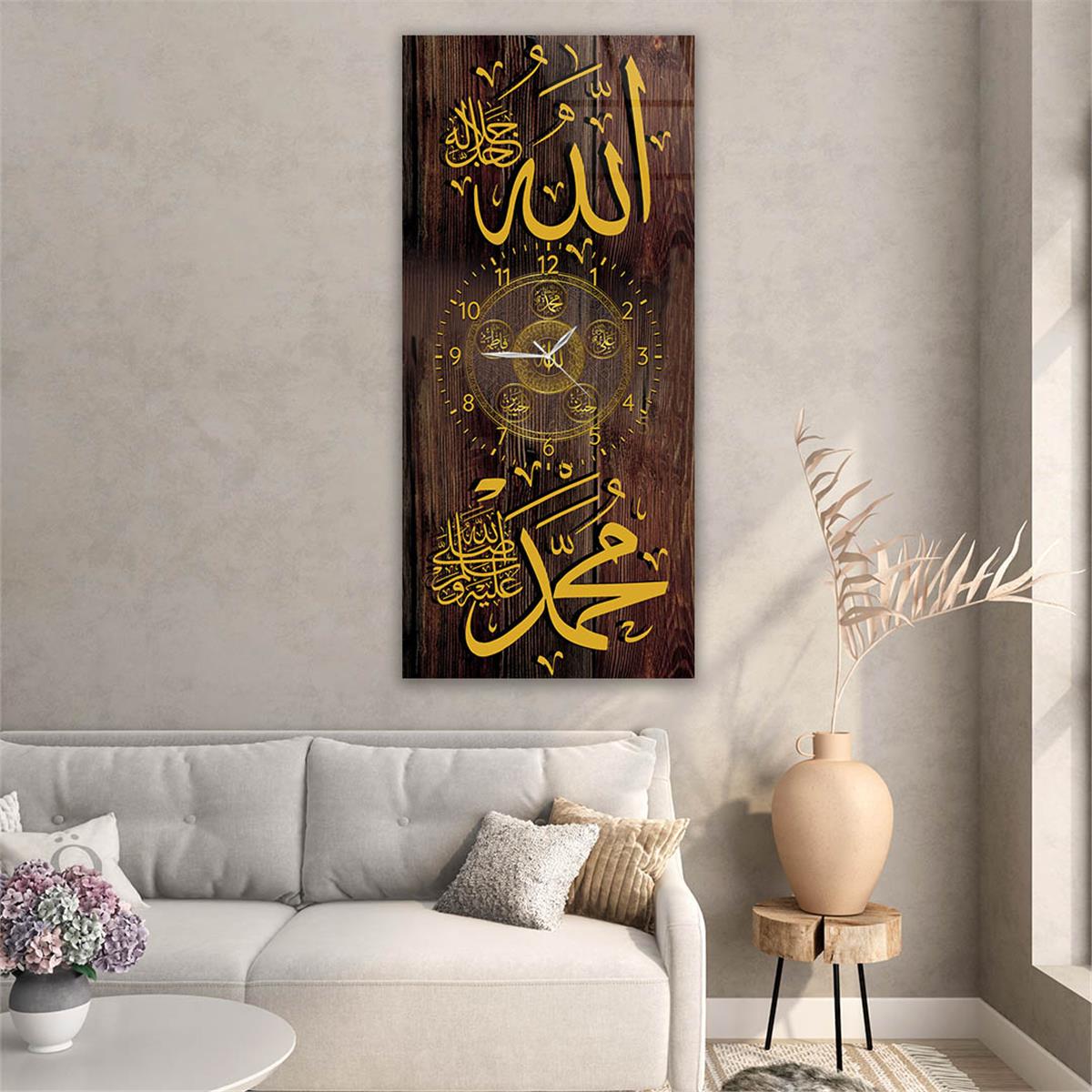 Vertical Religious Themed Glass Wall Art with Clock at the Center 012