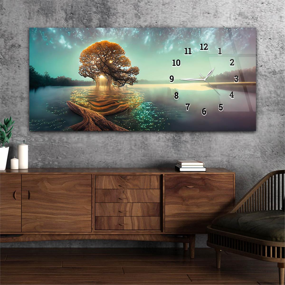 Yatay Saatli Yandan Sanat ve Doğa Temalı Cam Tablo 225