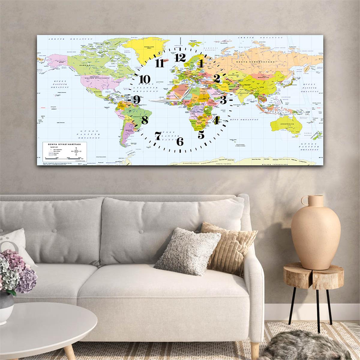 Yatay Saatli Ortadan Vatan Temalı Cam Tablo 135