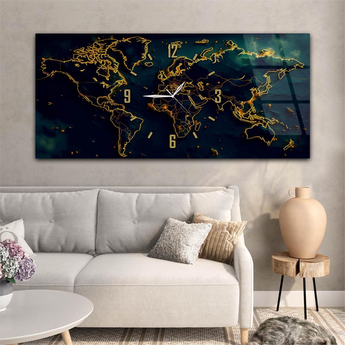 Yatay Saatli Ortadan Vatan Temalı Cam Tablo 109