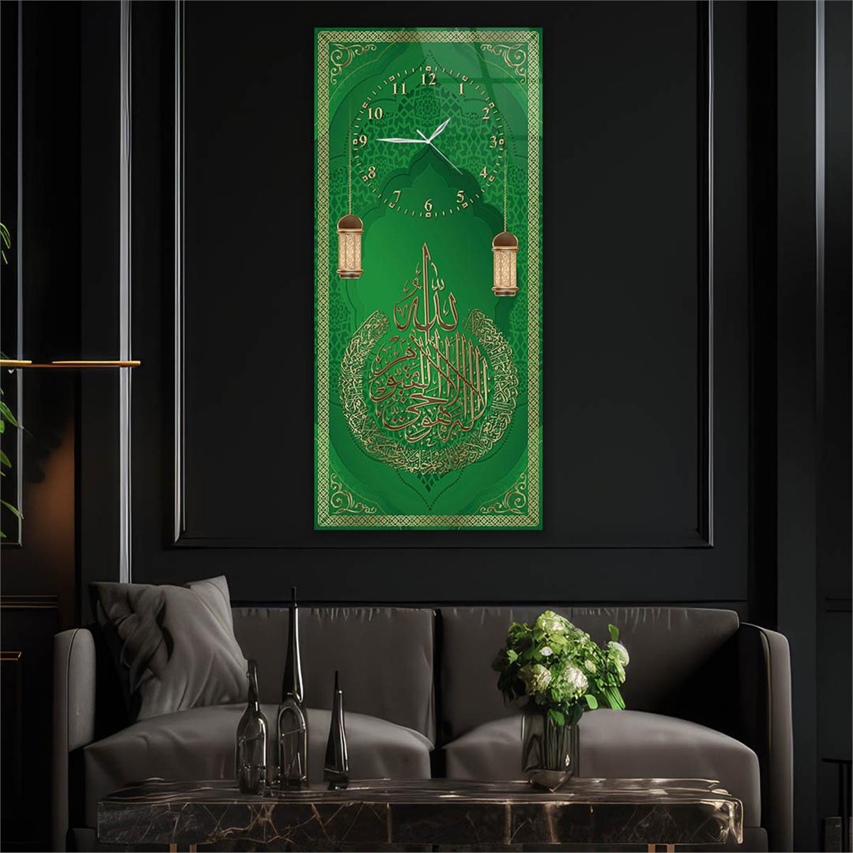 Vertical Religious Themed Glass Wall Art with Clock at the Top  049