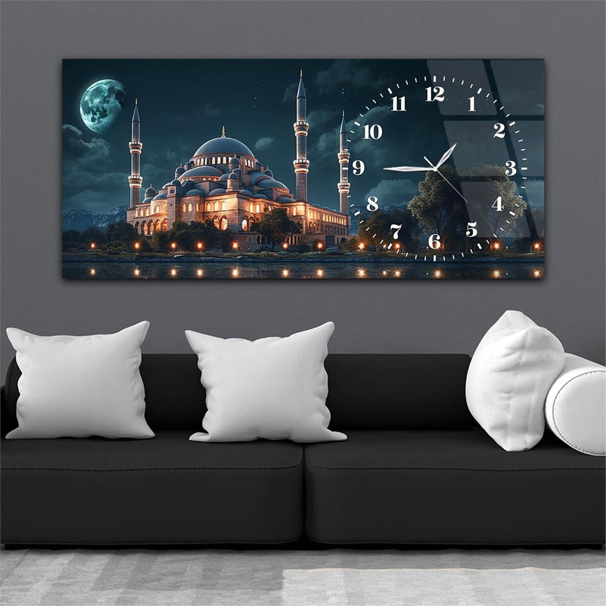 Yatay Saatli Yandan Dini Temalı Cam Tablo 076