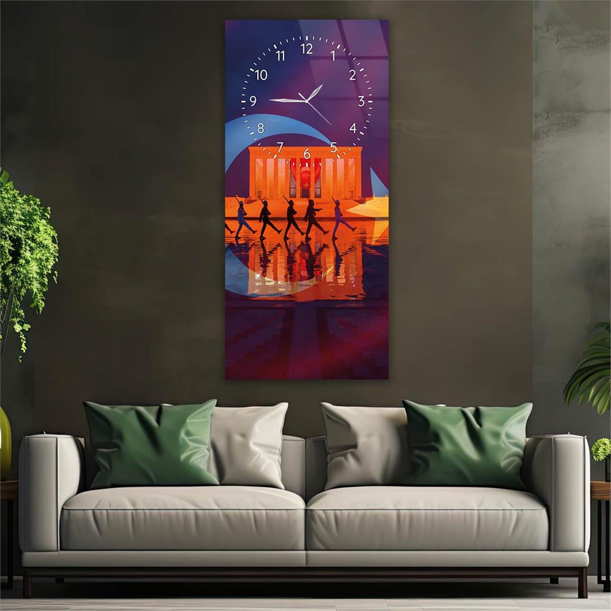 Vertical National Themed Glass Wall Art with Clock at the Top 012