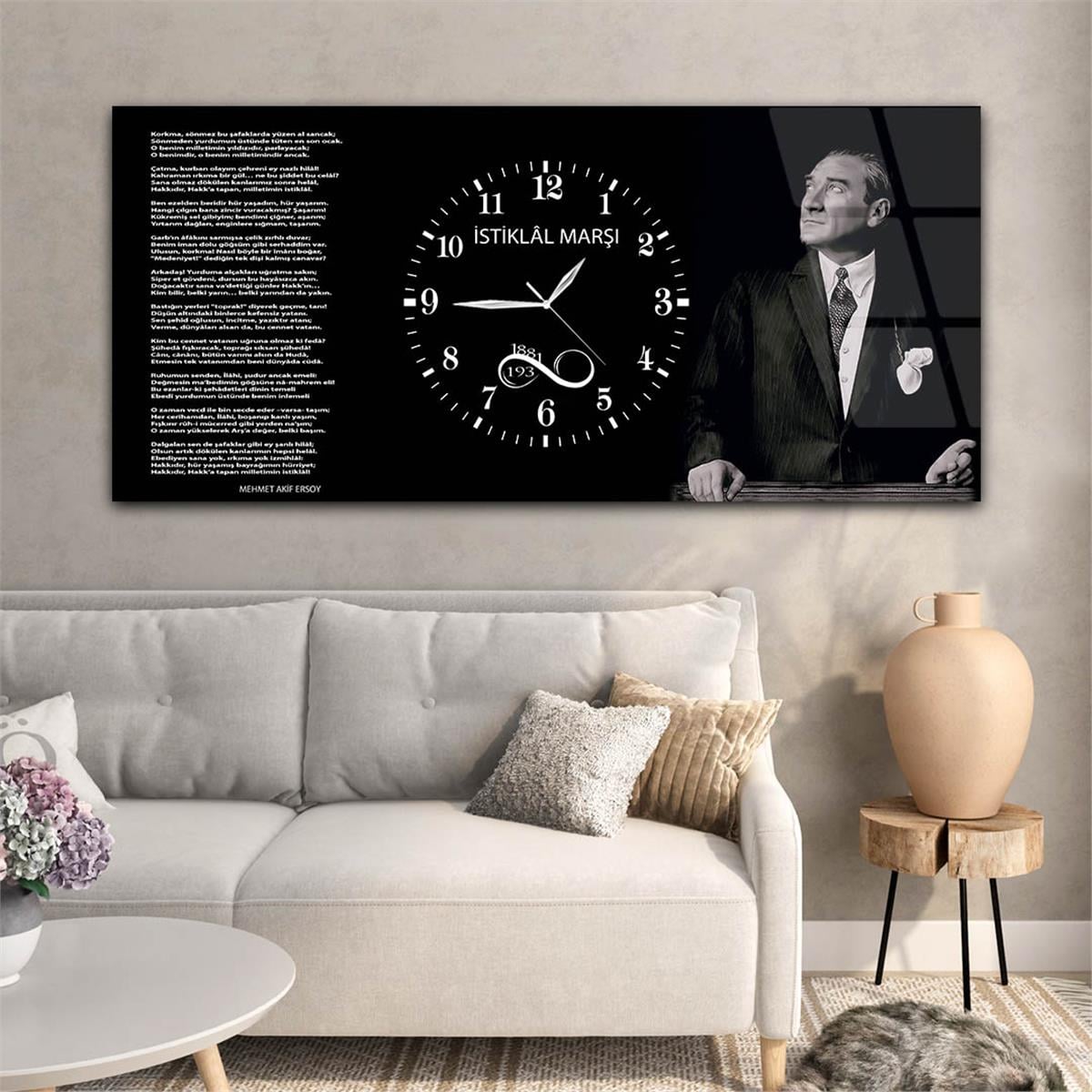 Mustafa Kemal Atatürk , İstiklal Marşı ve 1881-1938 Yazılı Saatli  Vatan Temalı Cam Tablo 045