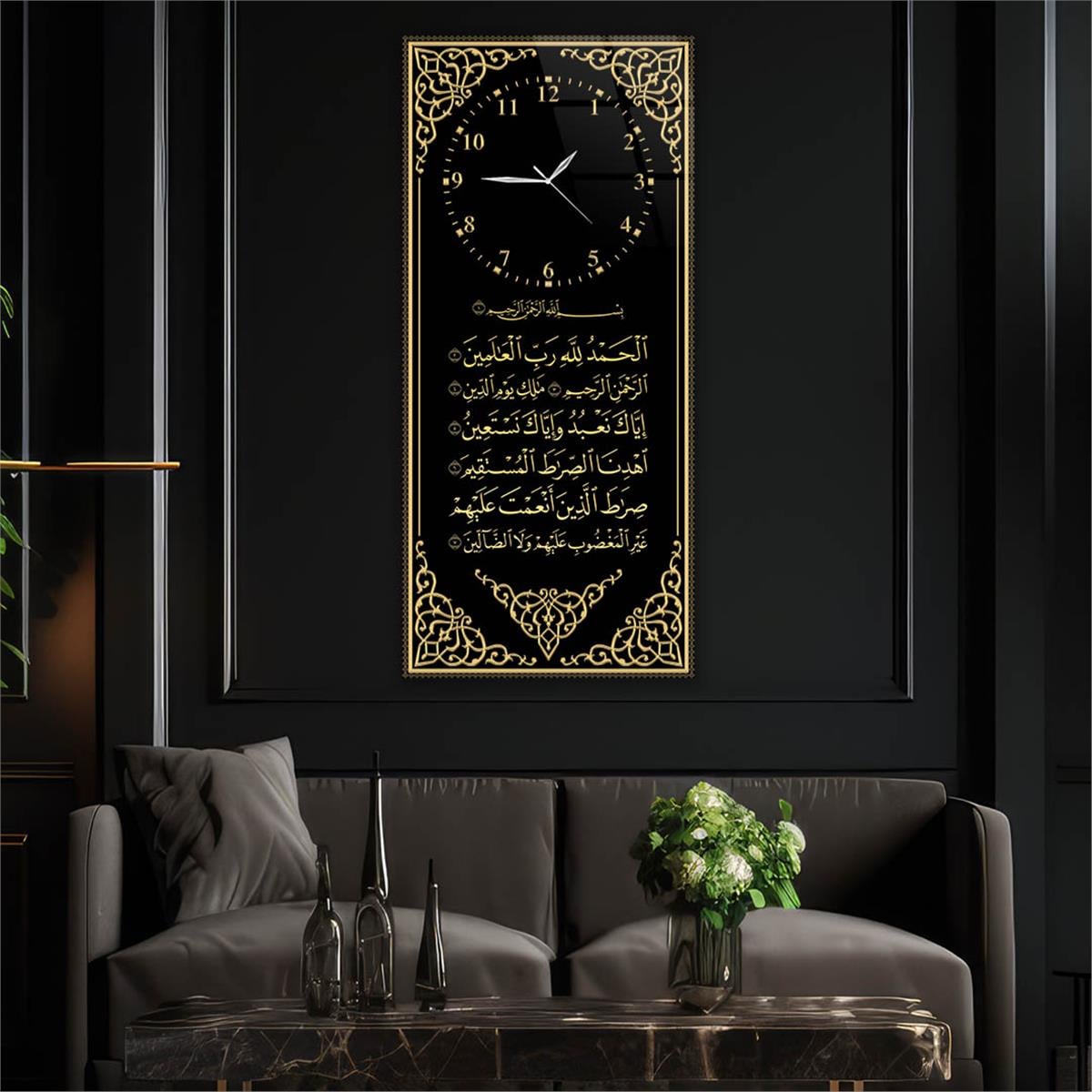 Dikey Üstten Saatli Dini Temalı Cam Tablo 024