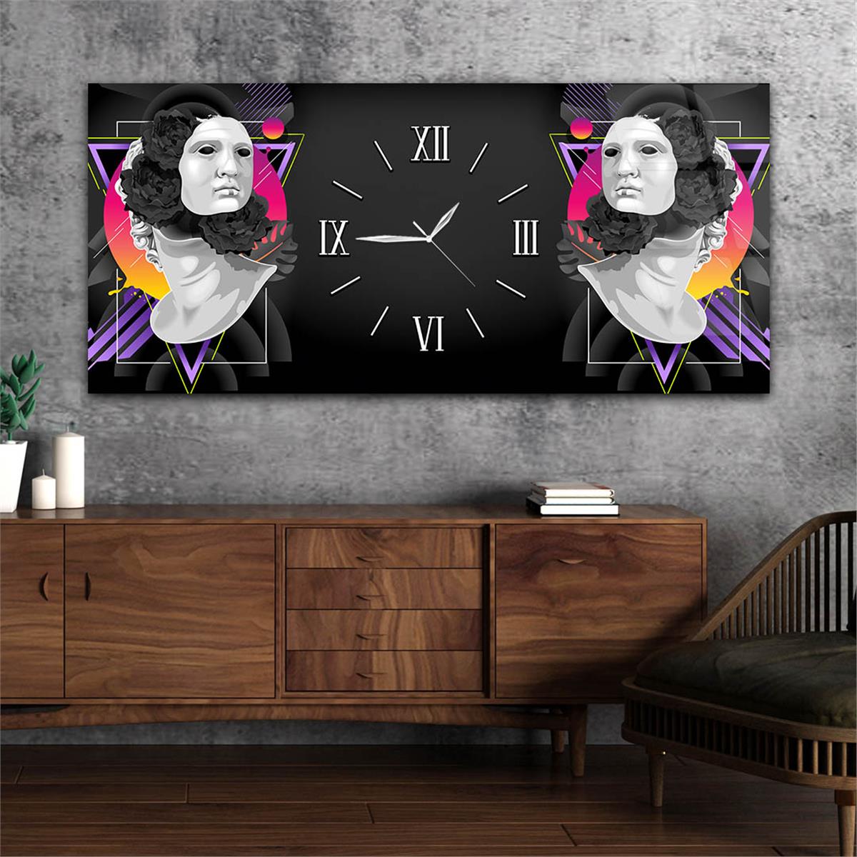 Yatay Ortadan Saatli  Sanat ve Doğa Temalı Cam Tablo 093