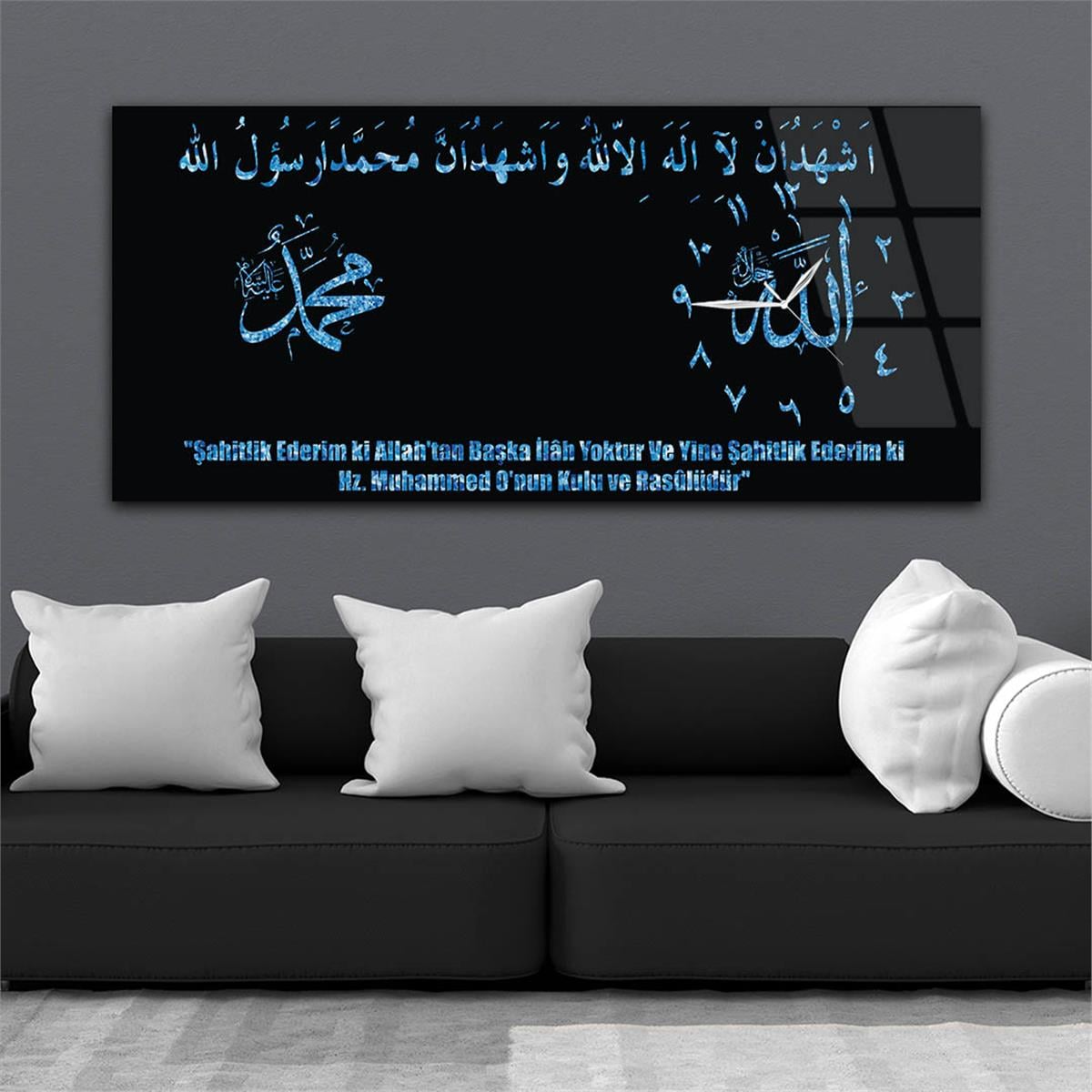 Yatay Saatli Yandan Dini Temalı Cam Tablo 010