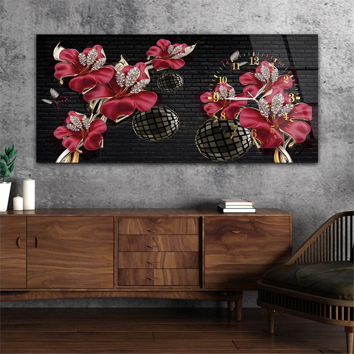 Yatay Saatli Yandan Sanat ve Doğa Temalı Cam Tablo 064