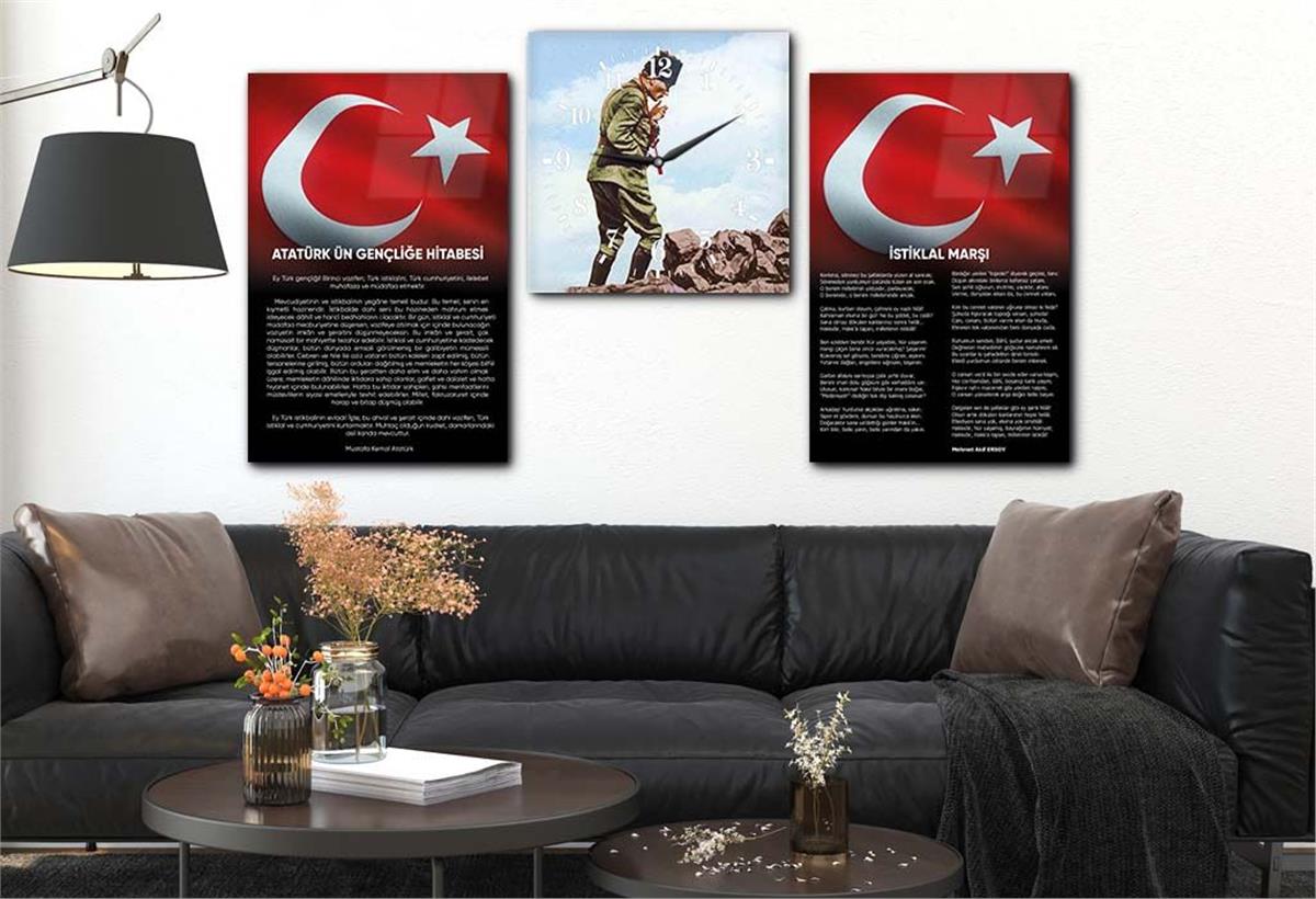 Atatürk and Independence March Glass Wall Art Set with Clock