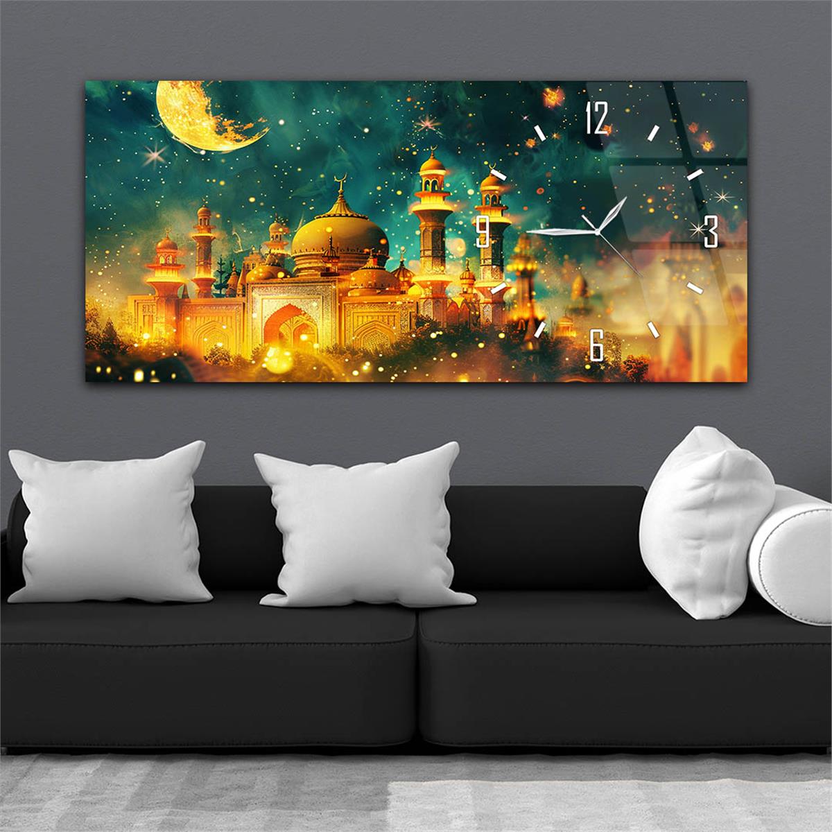 Yatay Saatli Yandan Dini Temalı Cam Tablo 082