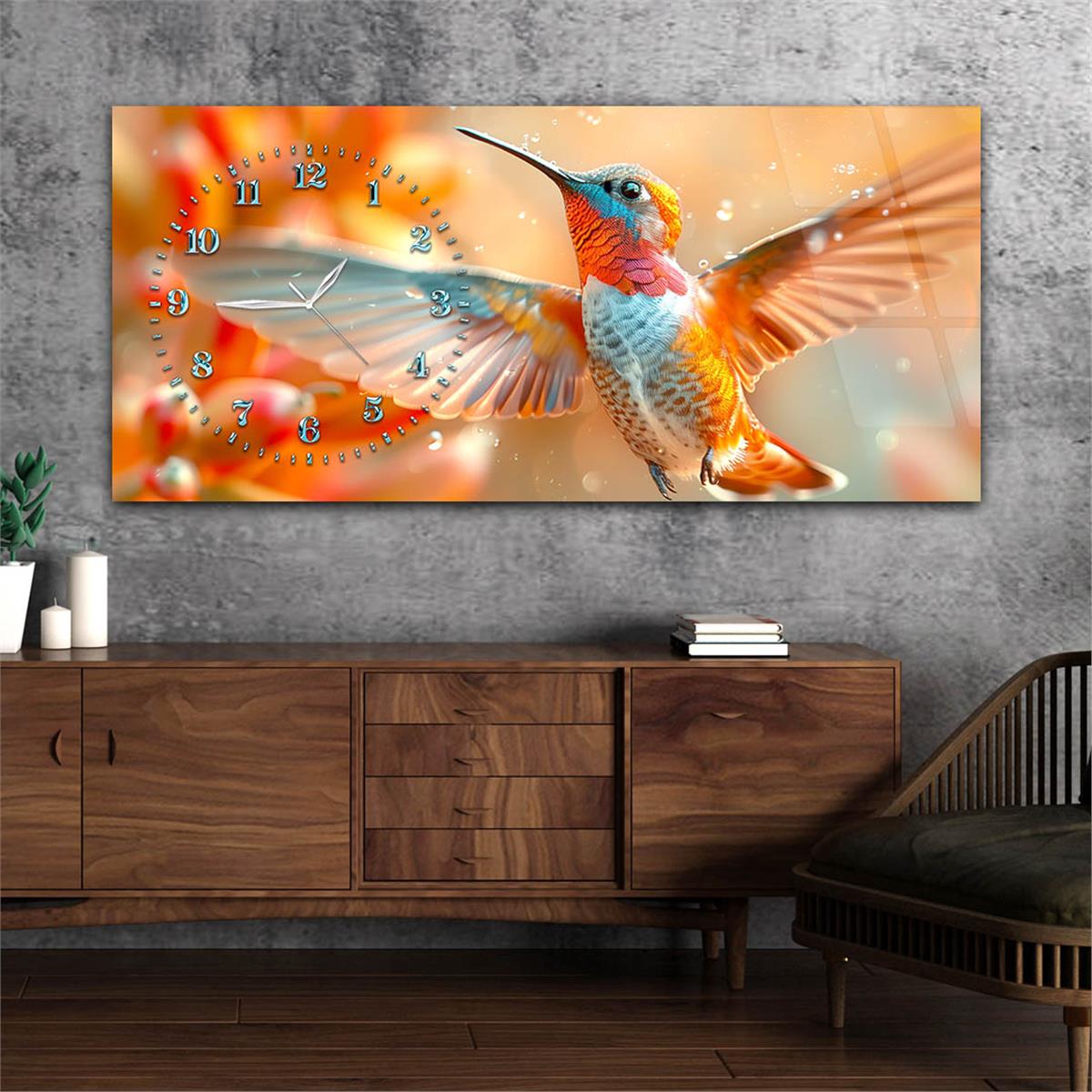 Yatay Saatli Yandan Sanat Temalı Cam Tablo 367