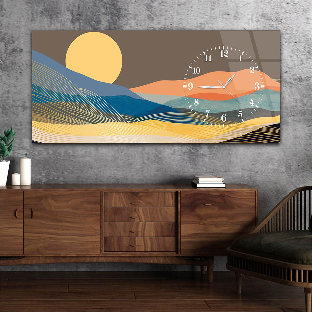 Yatay Saatli Yandan Sanat ve Doğa Temalı Cam Tablo 081