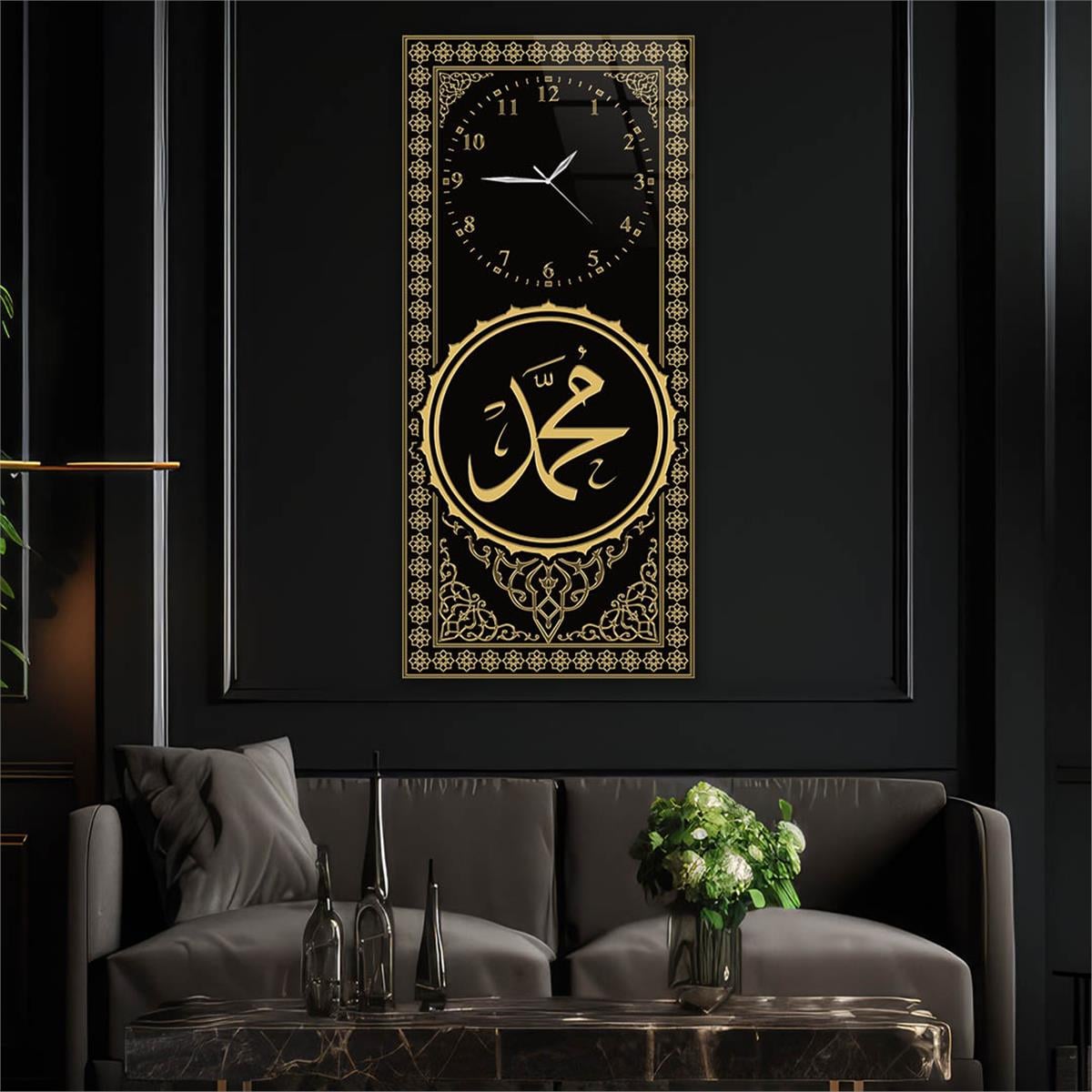 Vertical Religious Themed Glass Wall Art with Clock at the Top  011