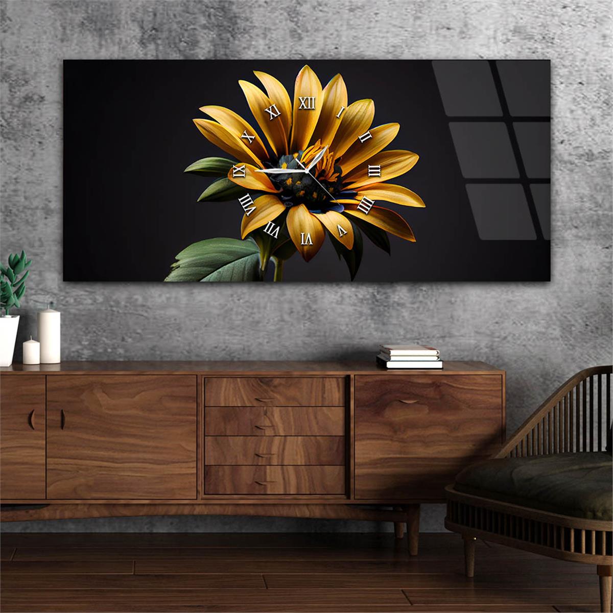 Yatay Ortadan Saatli  Sanat ve Doğa Temalı Cam Tablo 036