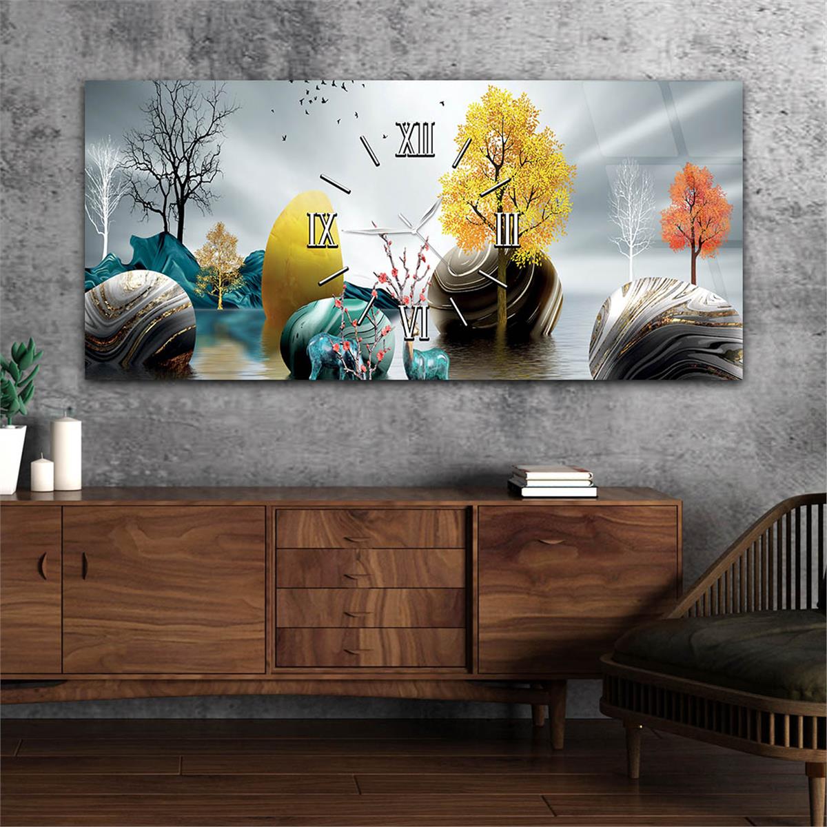 Yatay Ortadan Saatli  Sanat ve Doğa Temalı Cam Tablo 090