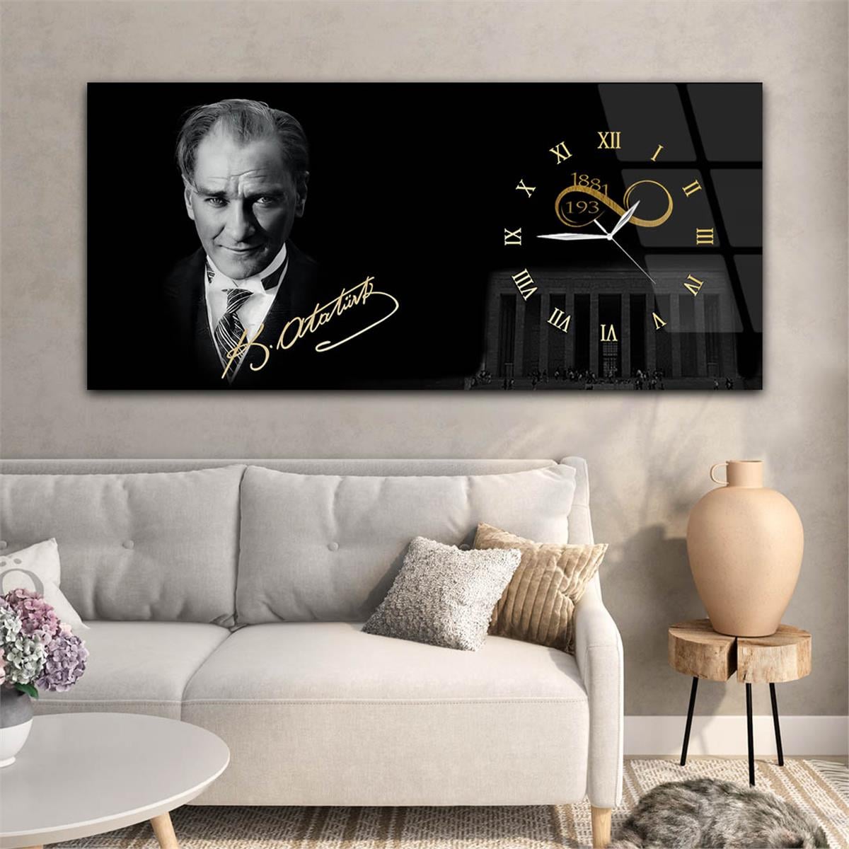 Yatay Saatli Yandan Vatan Temalı Cam Tablo 032