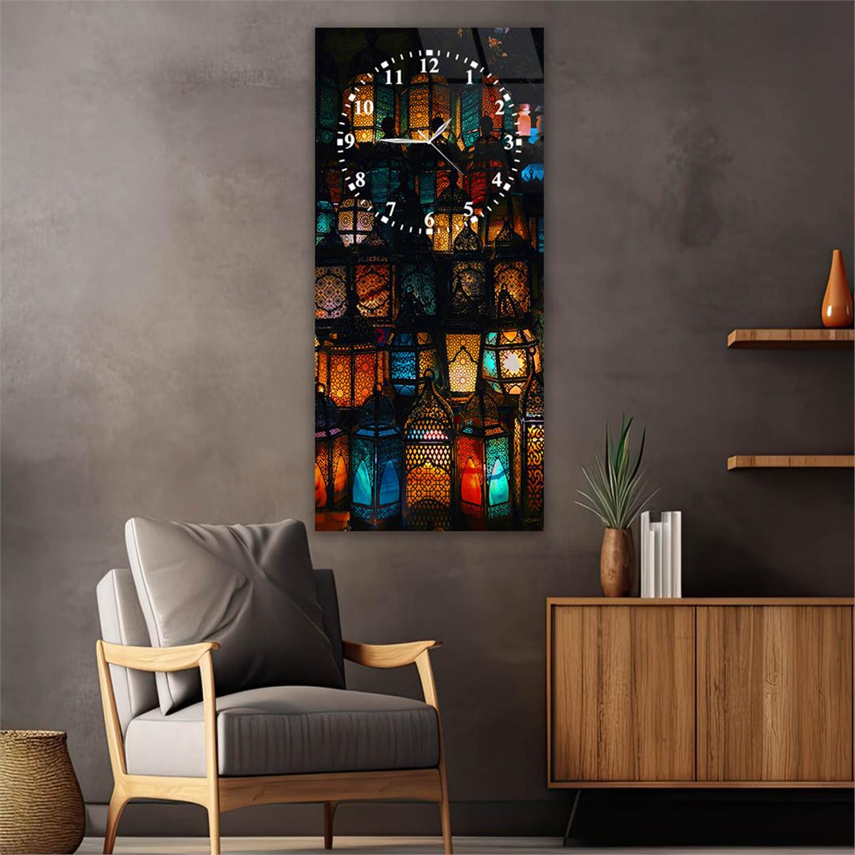 Vertical Art Themed Glass Wall Art with Clock at the Top 023