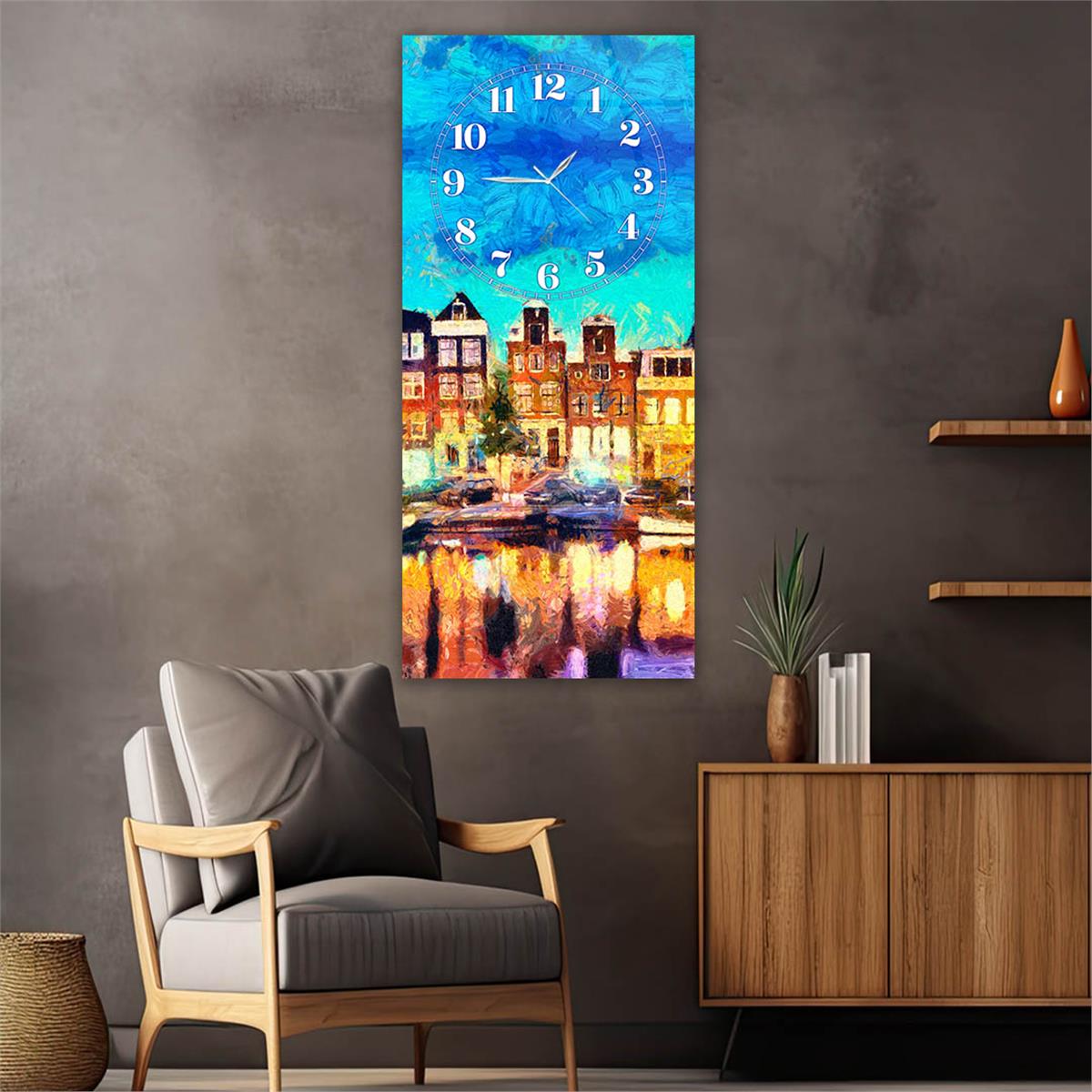 Dikey Üstten Saatli Sanat Temalı Cam Tablo 039