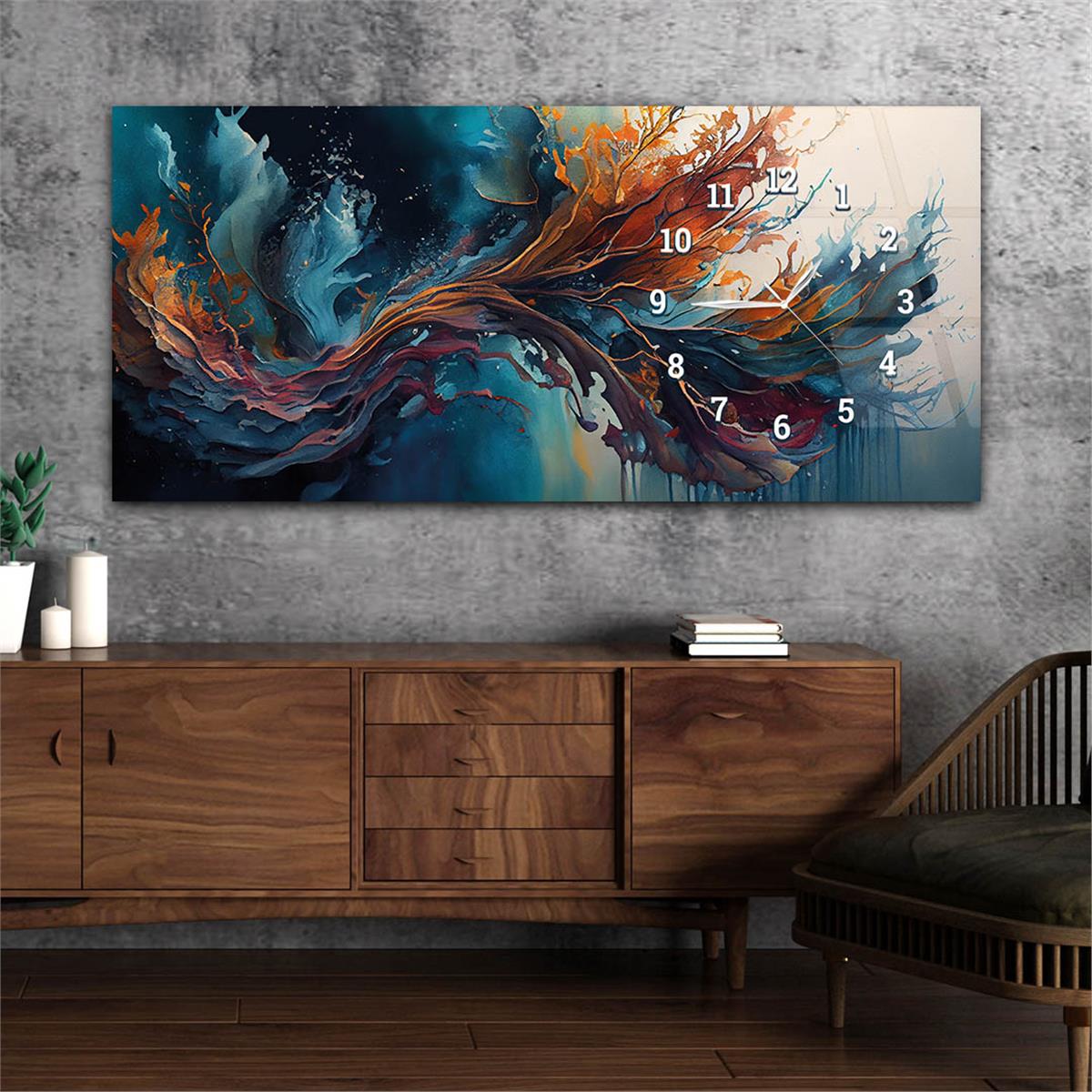 Yatay Saatli Yandan Sanat ve Doğa Temalı Cam Tablo 190