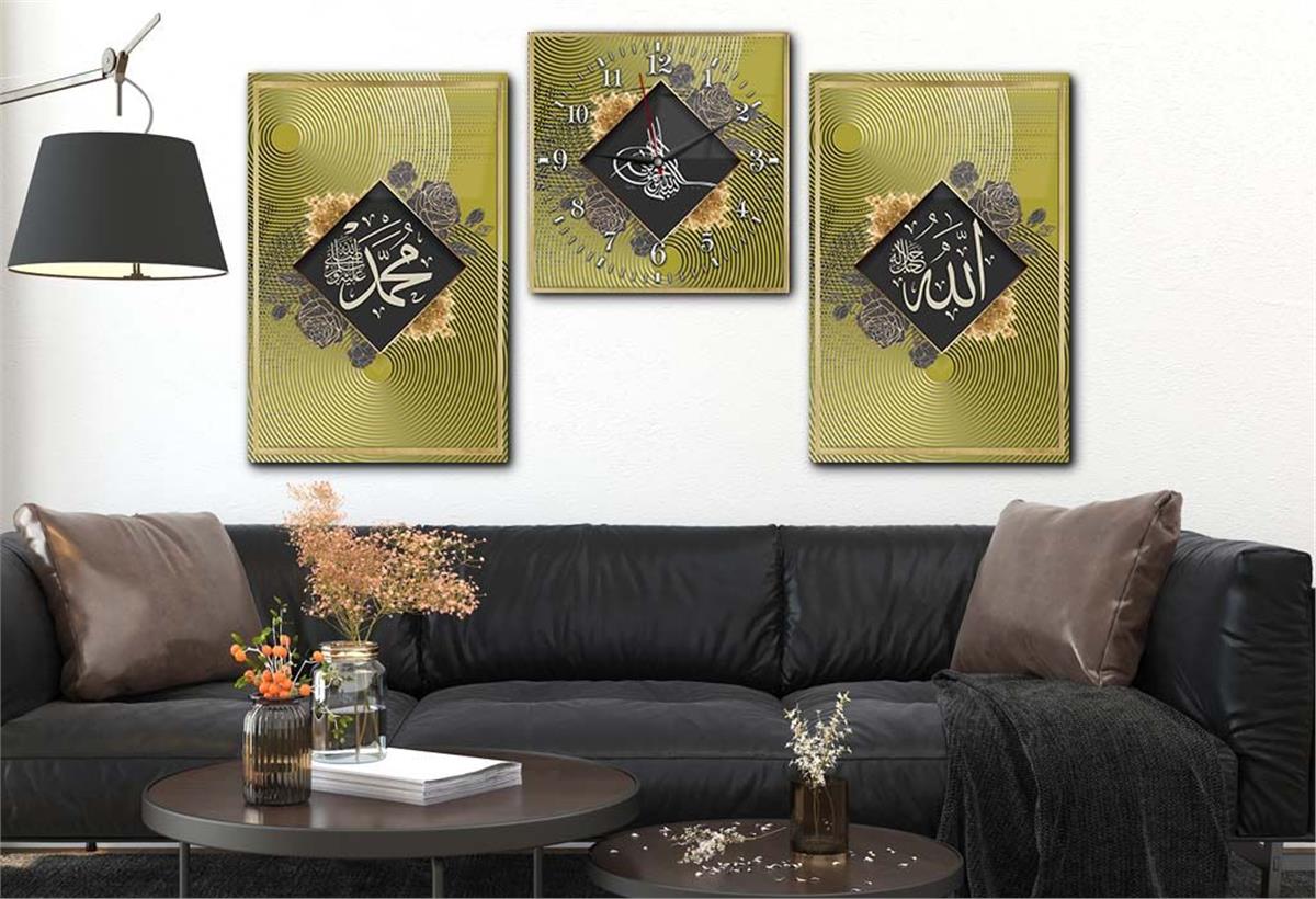 ALLAH C.C. MUHAMMED S.A.V İSMİ VE OSMALI TUĞRA GÖRSELLİ CAM TABLO CAM DUVAR SAATİ 
