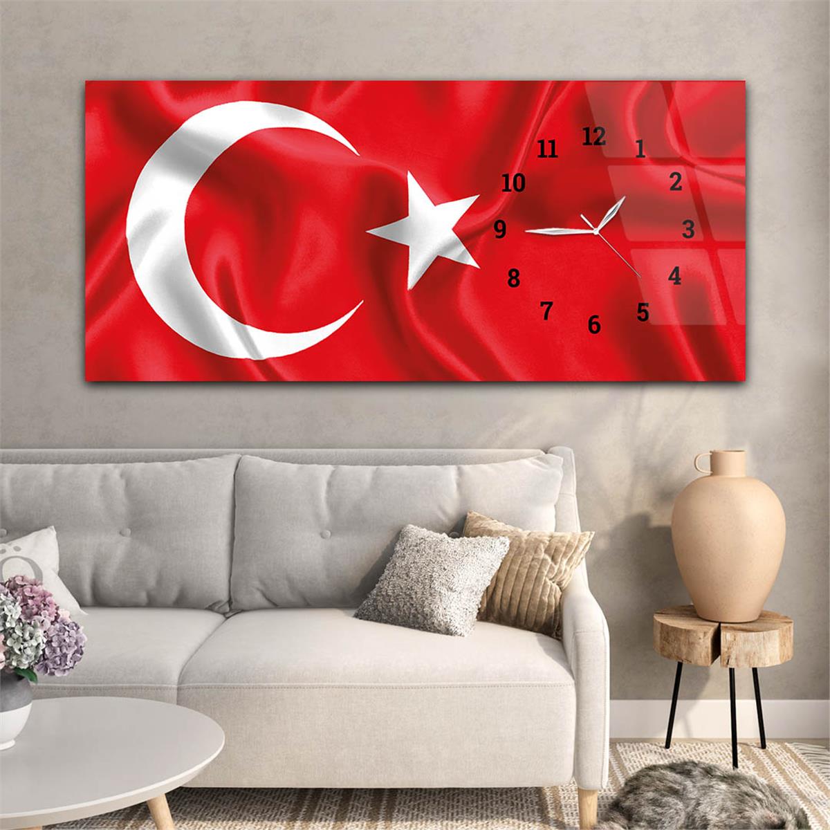 Türk Bayrağı Saatli Cam Tablo Yatay Saatli Yandan Vatan Temalı Cam Tablo 005