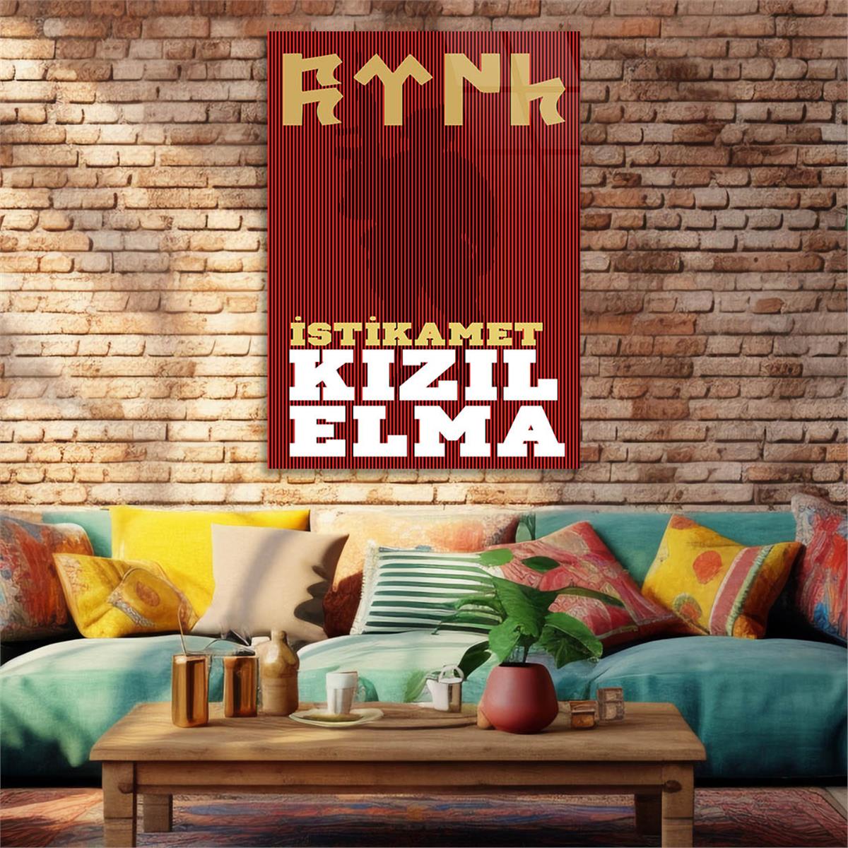 Glass Wall Art with Red Apple Inscription