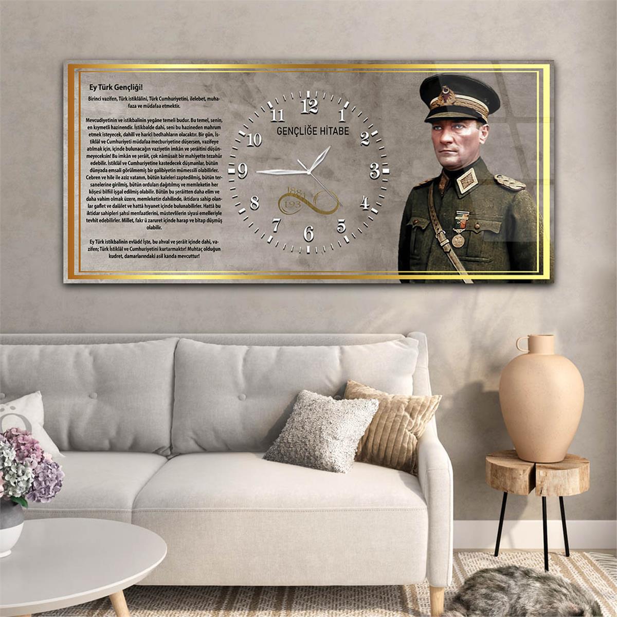 Askeri Kıyafetli Mustafa Kemal Atatürk ve Gençliğe Hitabesi Saatli  Cam Tablo 042