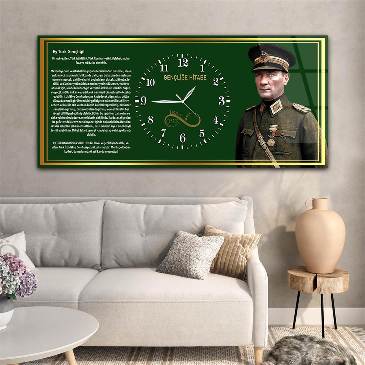 Askeri Mustafa Kemal Atatürk ve Gençliğe Hitabesi Saatli Cam Tablo 039