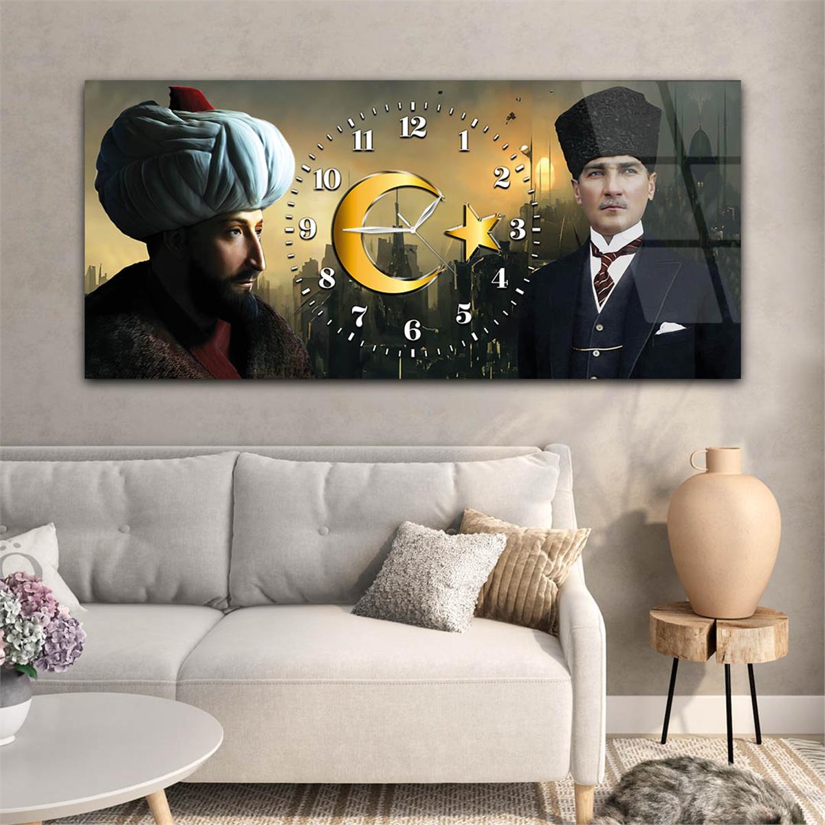 Yatay Saatli Ortadan Vatan Temalı Cam Tablo 157