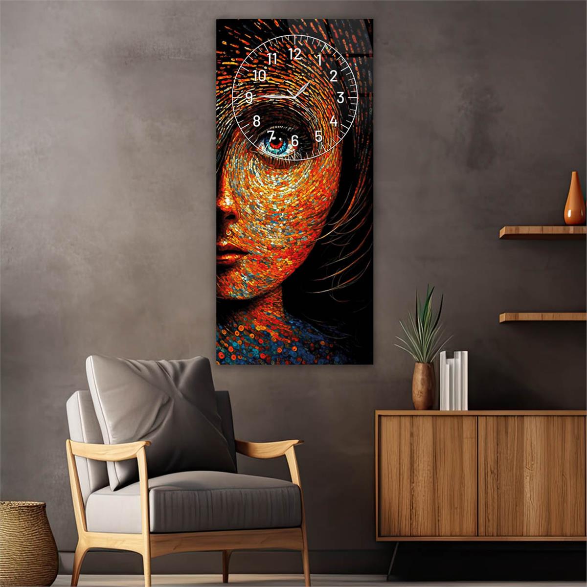 Vertical Art Themed Glass Wall Art with Clock at the Top 012