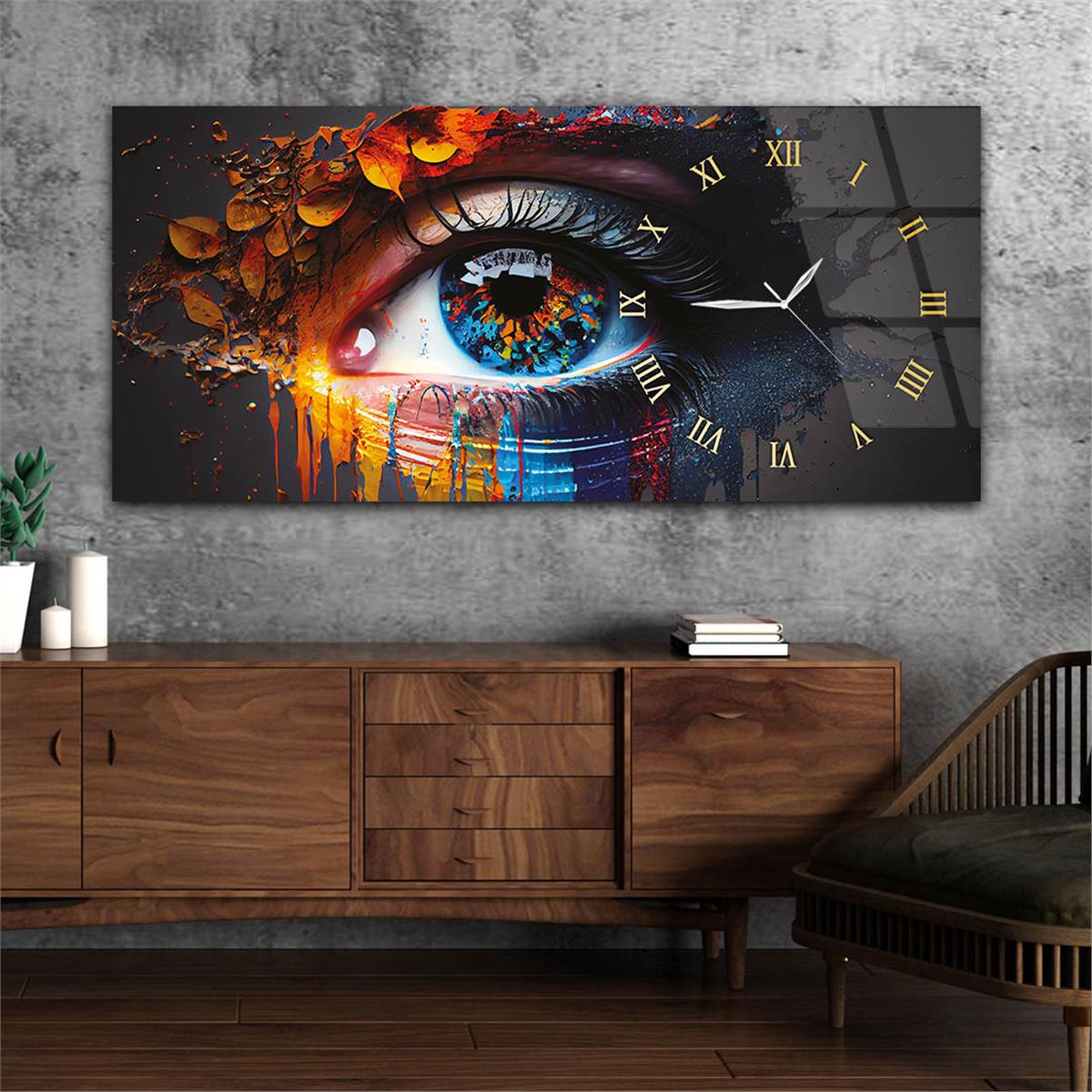 Yatay Saatli Yandan Sanat ve Doğa Temalı Cam Tablo 057