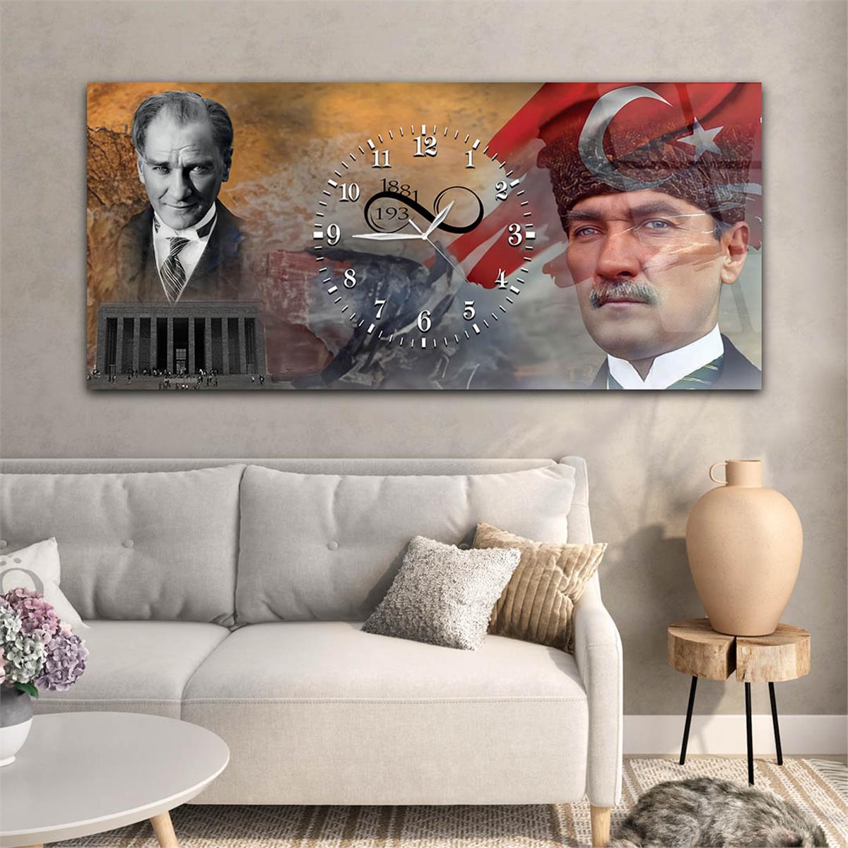 Atatürk, Anıtkabir ve Türk Bayrağı Saatli Cam Tablo 069