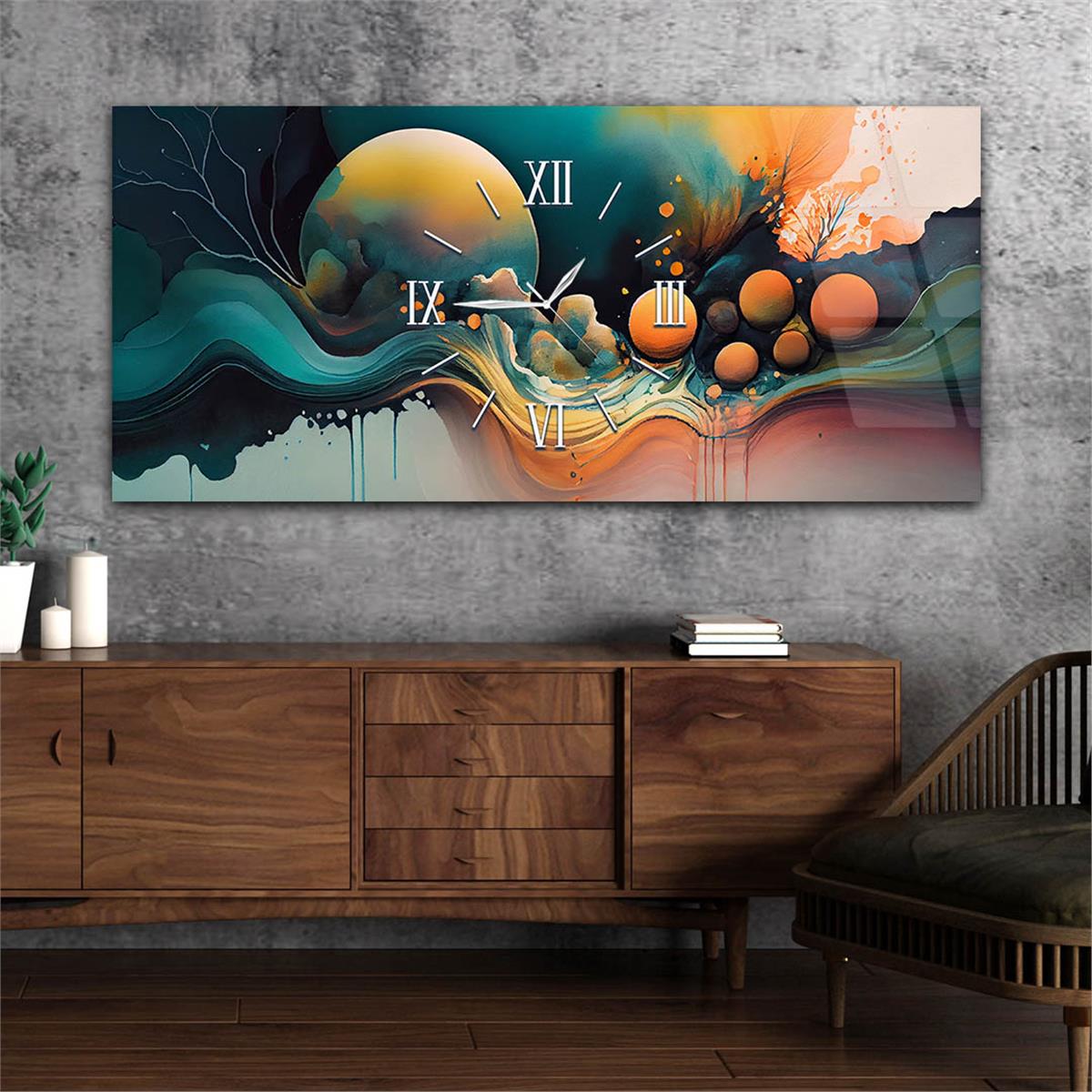 Yatay Ortadan Saatli  Sanat ve Doğa Temalı Cam Tablo 084