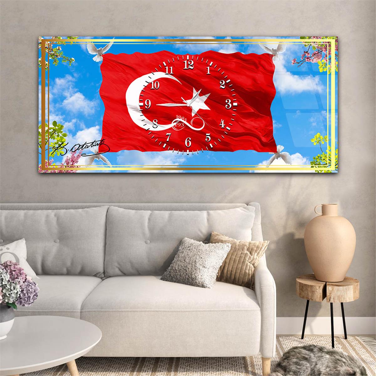 Beyaz Güvercinler Tarafından Dalgalanan TÜRK Bayrağı Yatay Ortadan Saatli  Vatan Temalı Cam Tablo 047