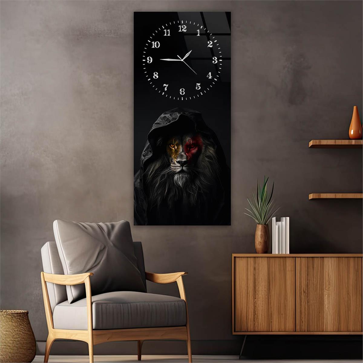 Dikey Üstten Saatli Sanat Temalı Cam Tablo 090