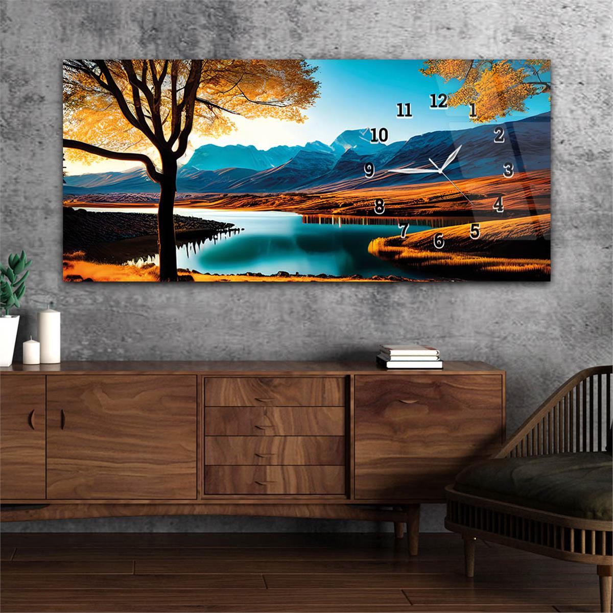 Yatay Saatli Yandan Sanat ve Doğa Temalı Cam Tablo 171