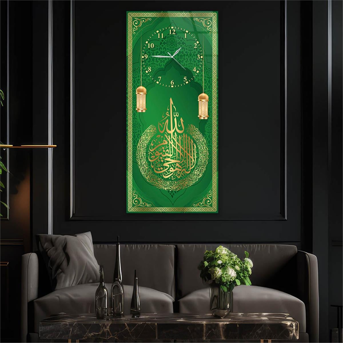 Vertical Religious Themed Glass Wall Art with Clock at the Top  048