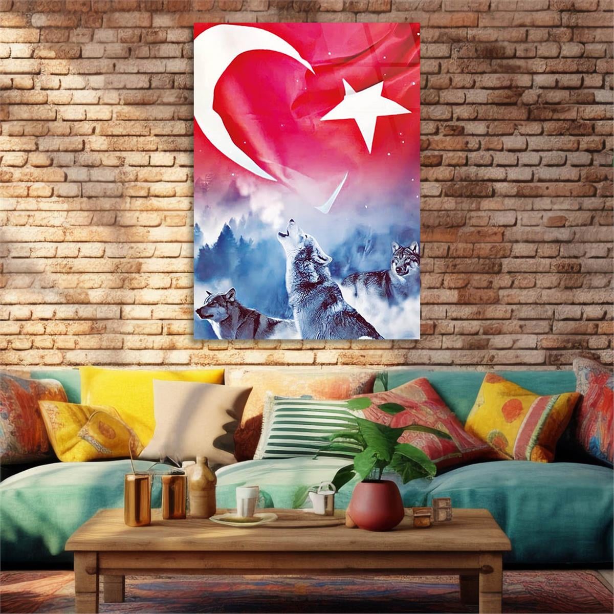 Turkish Flag and Wolf Tempered Glass Wall Art 