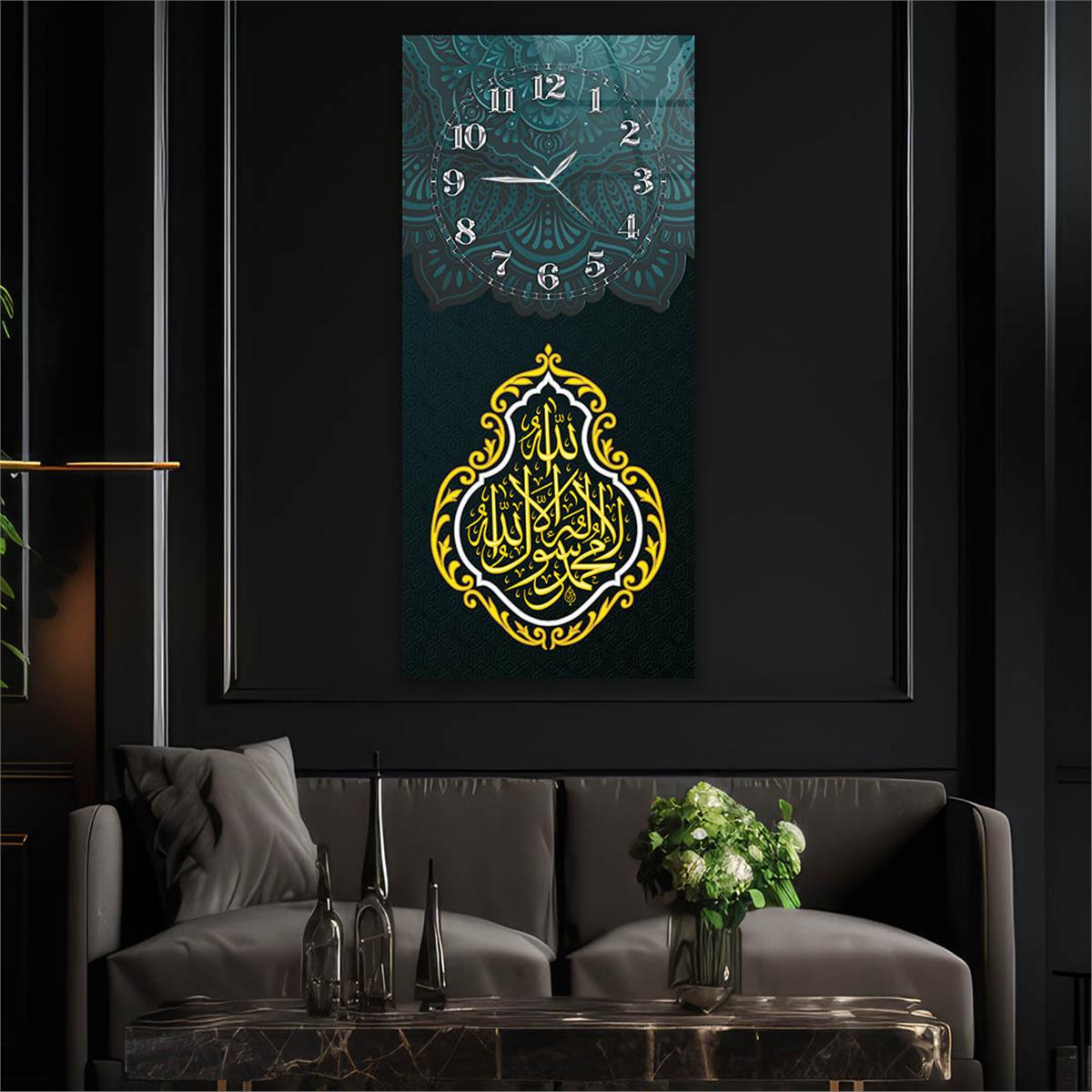 Vertical Religious Themed Glass Wall Art with Clock at the Top  057