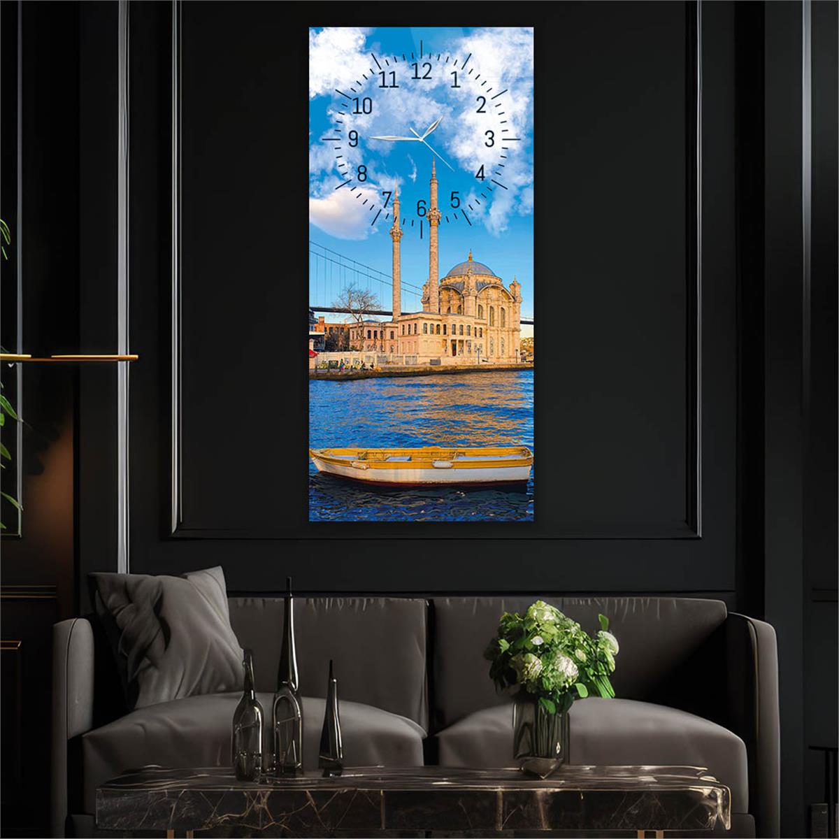 Vertical Religious Themed Glass Wall Art with Clock at the Top  007