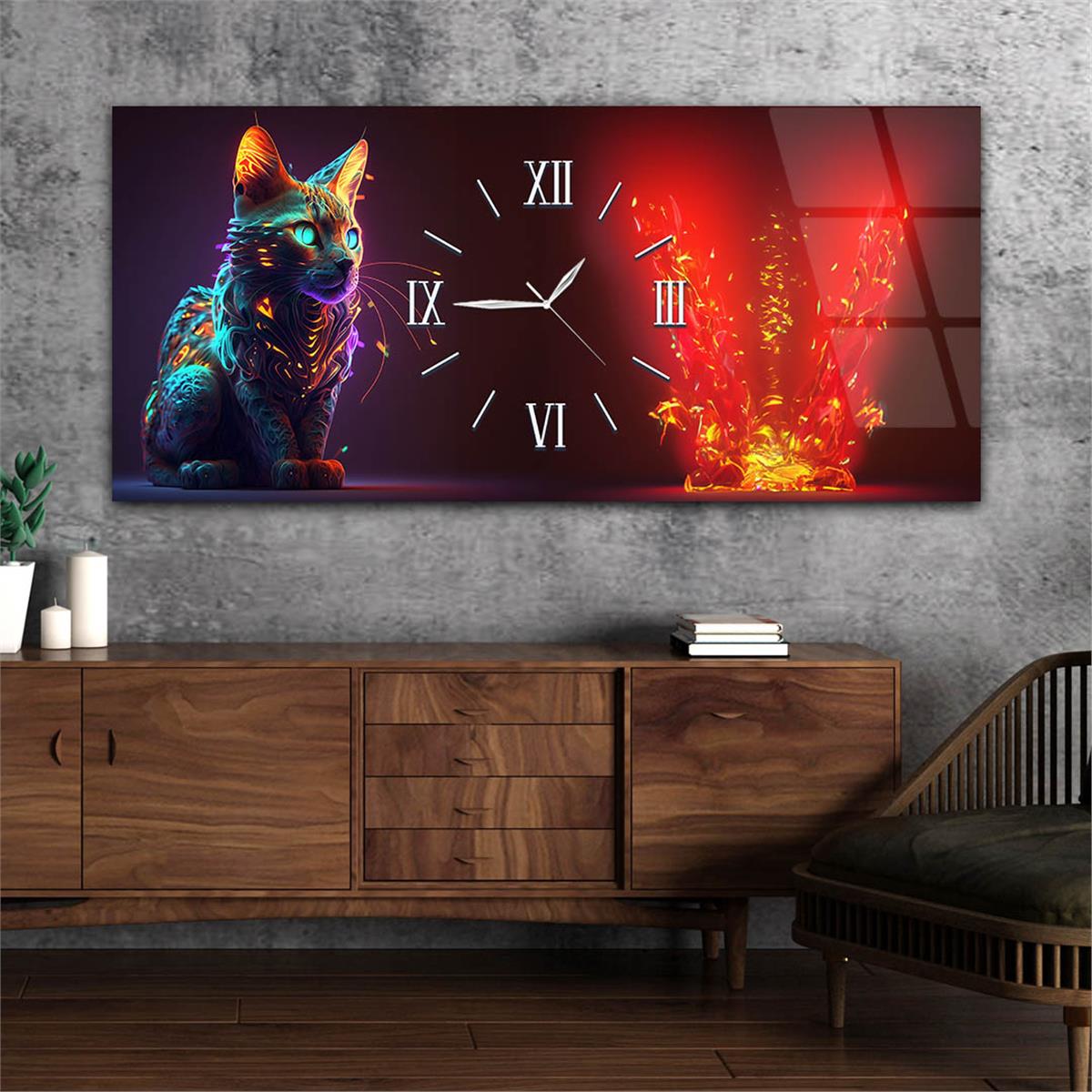 Yatay Ortadan Saatli  Sanat ve Doğa Temalı Cam Tablo 087