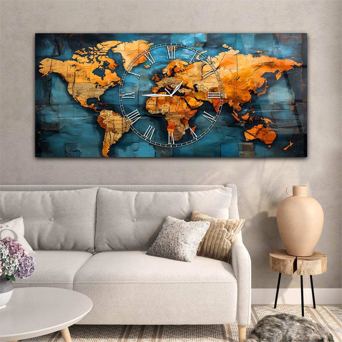 Şık ve Zarif: Mavi Zemin Üzerinde Roma Rakam Saatli Kahverengi Dünya Haritası Cam Tablo