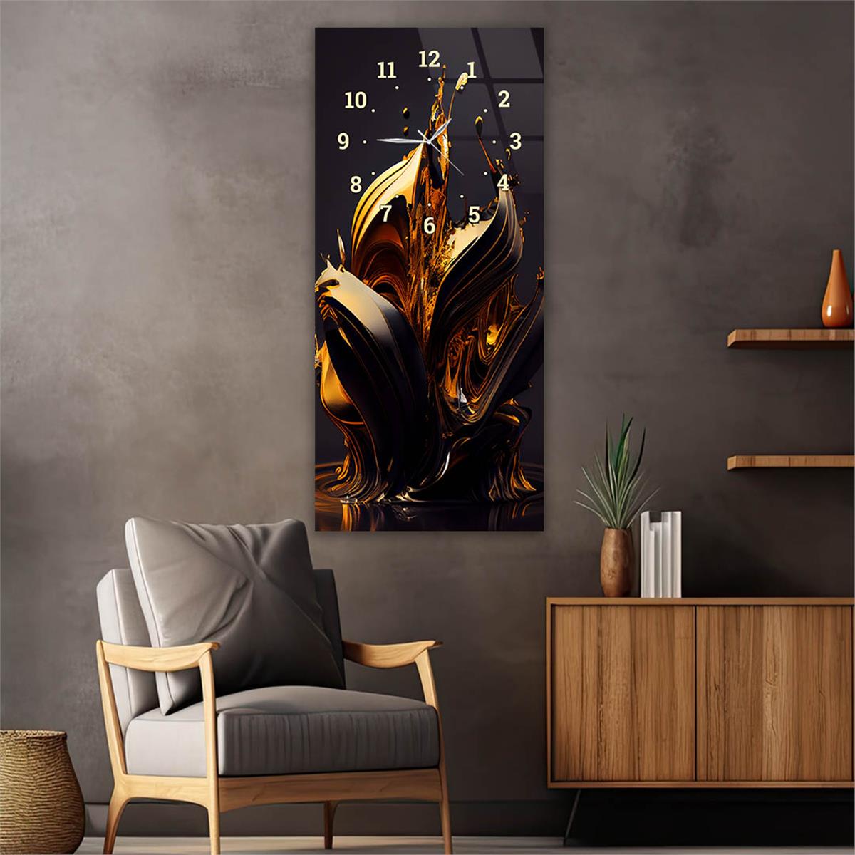 Dikey Üstten Saatli Sanat Temalı Cam Tablo 032