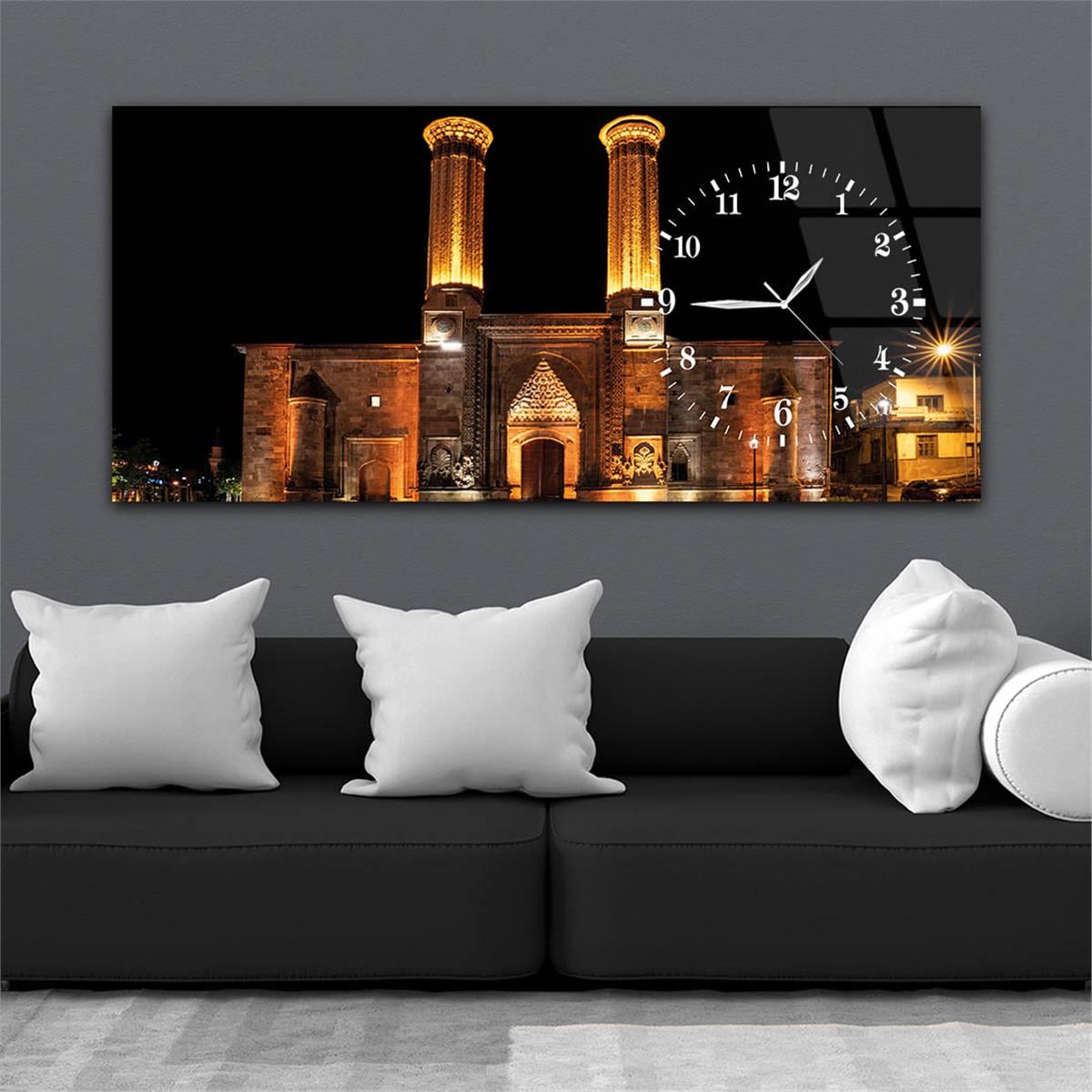 Yatay Saatli Yandan Dini Temalı Cam Tablo 033