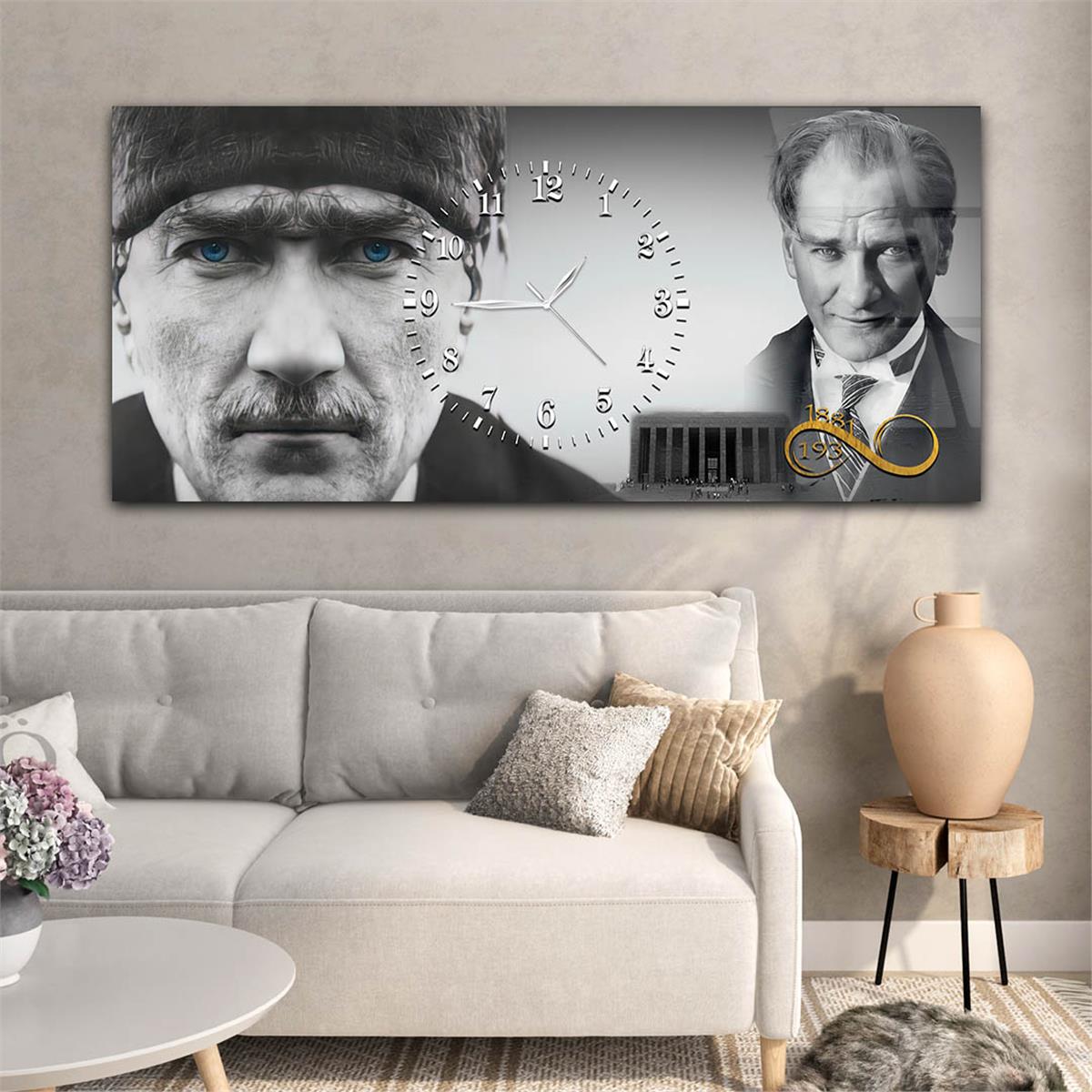 Atatürk'ün Mavi Gözleri ,Dosta Güven Düşmana Korku Veren Bakışları ve Anıtkabir Saatli Cam Tablo 064