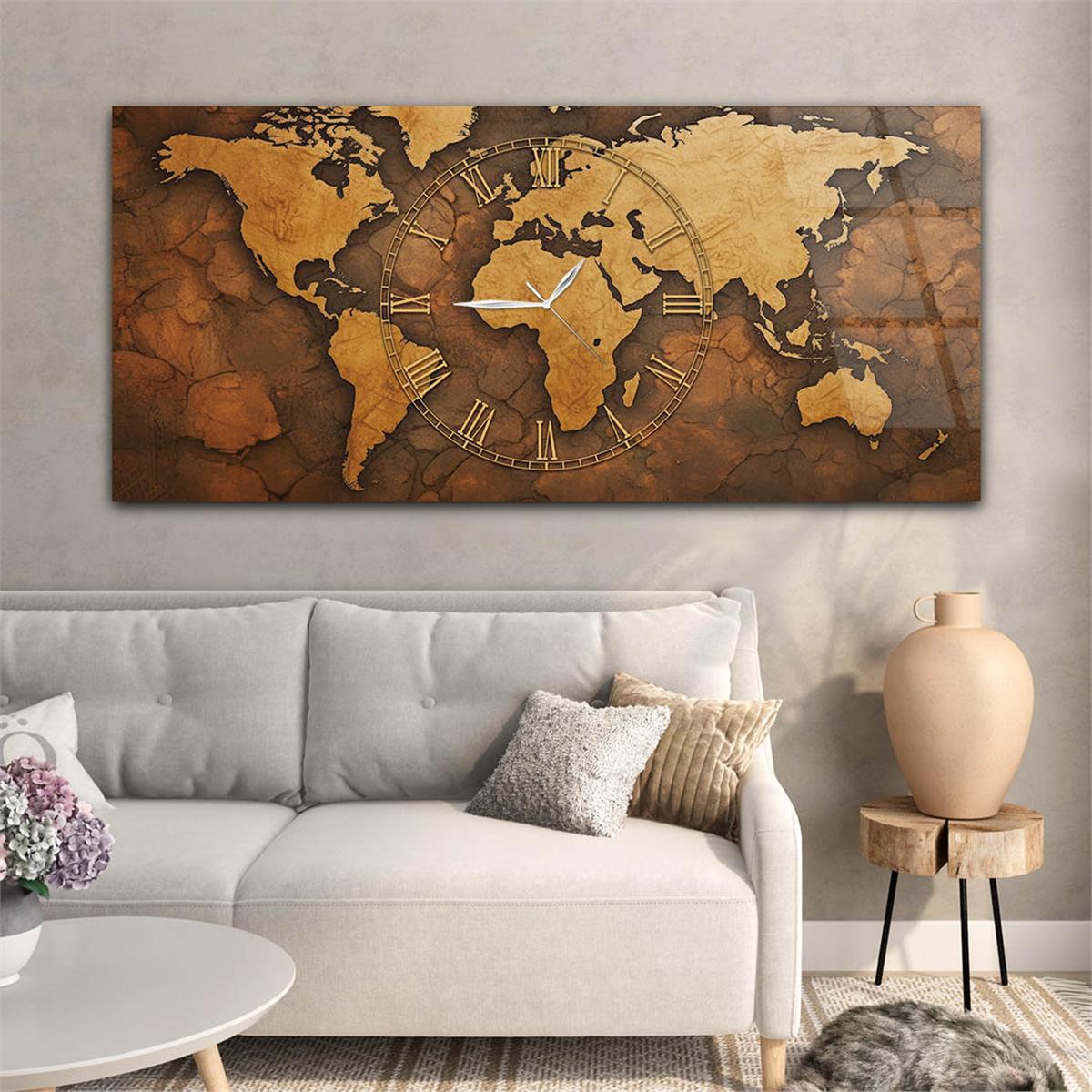 Yatay Saatli Ortadan Vatan Temalı Cam Tablo 115