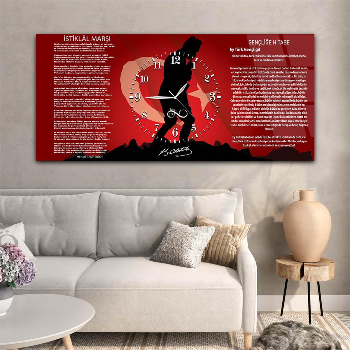 Türk Bayrağı Zeminli Atatürk İstiklal Marşı ve Gençliğe Hitabe Saatli  Cam Tablo 050