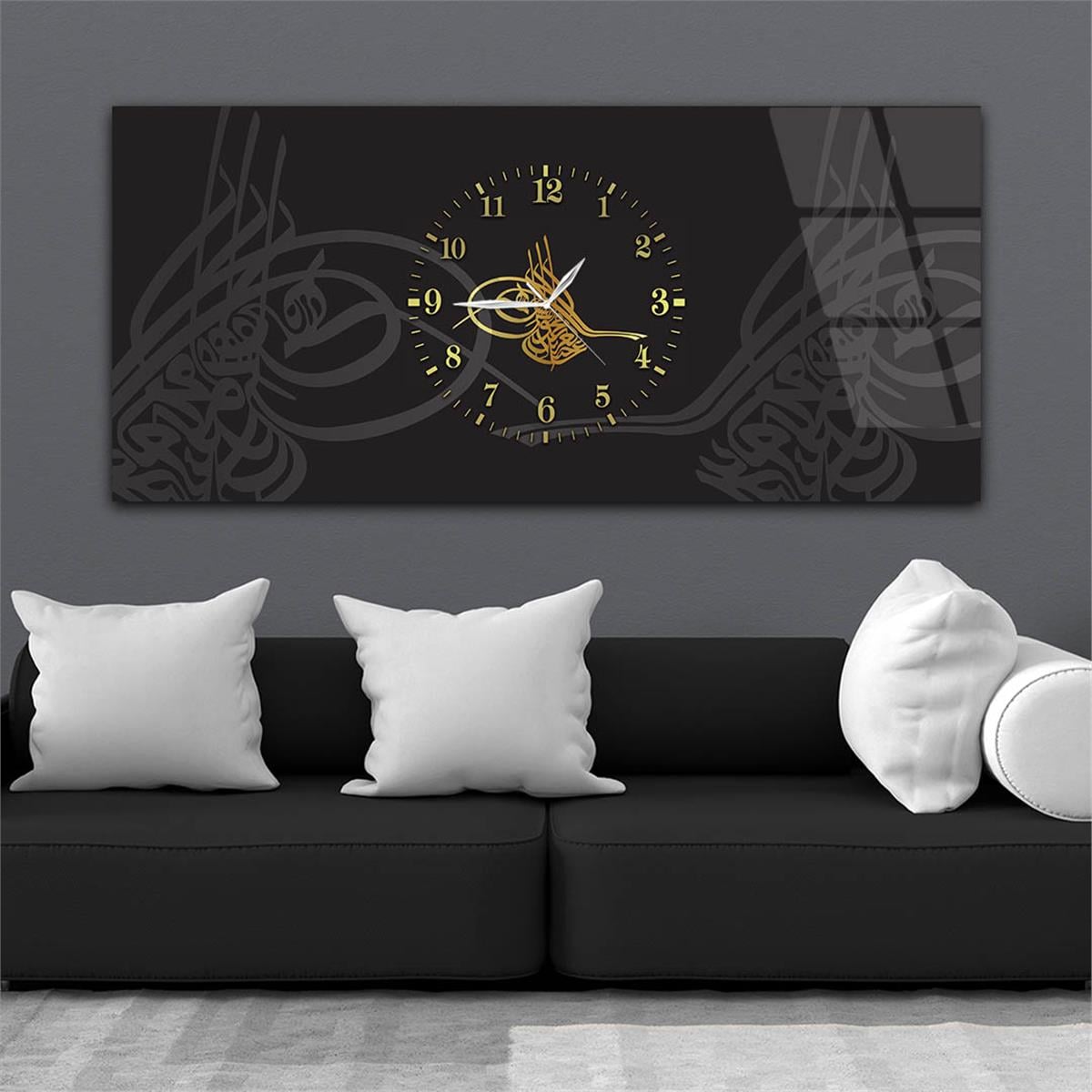 Yatay Ortadan Saatli  Dini Temalı Cam Tablo 108