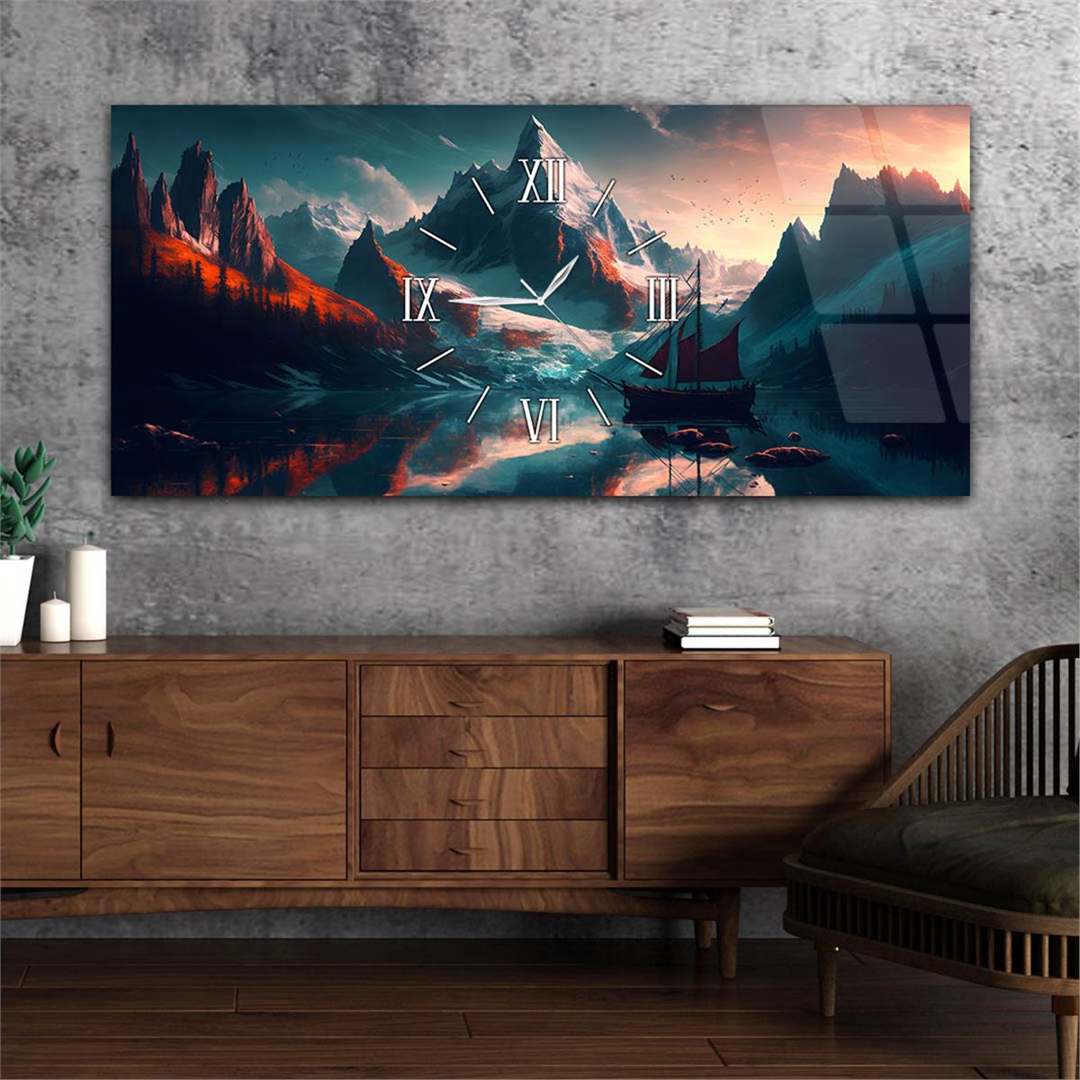 Yatay Ortadan Saatli  Sanat ve Doğa Temalı Cam Tablo 106